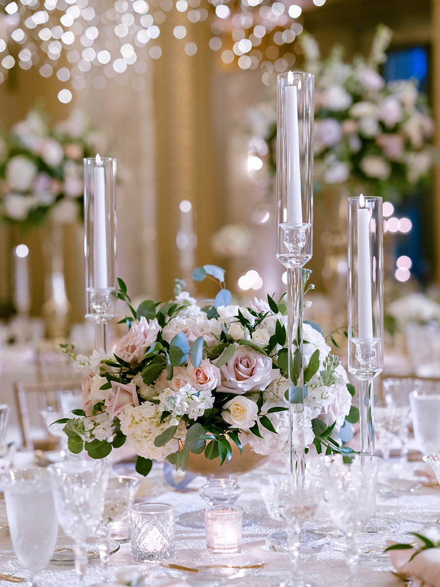Blush and white rose centerpiece at the Stifel Theater in St. Louis.