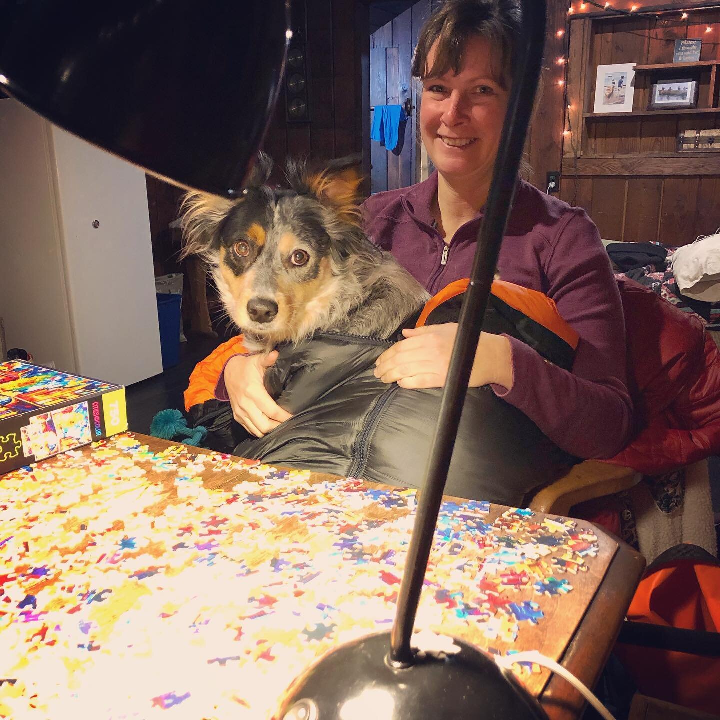 Jen Sarthou sits at a table working on a jigsaw puzzle with her dog Shasta