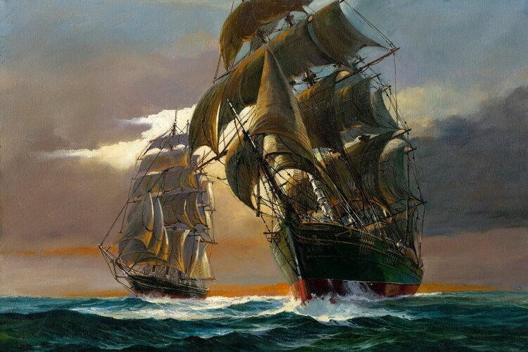 Painting of two tall ships sailing on a stormy sea.
