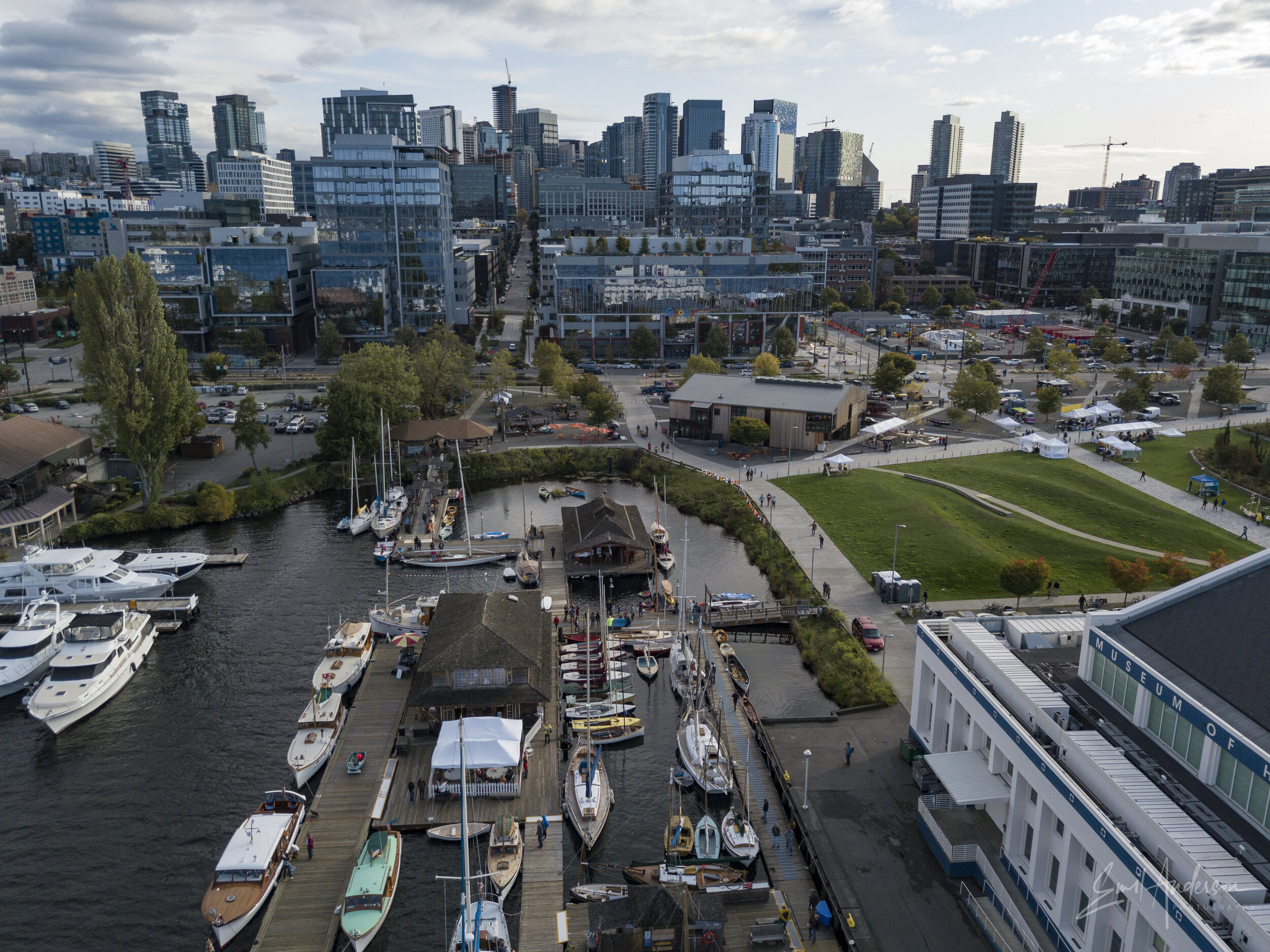 Aerial view of the Center for Wooden Boats waterway and Lake Union Park