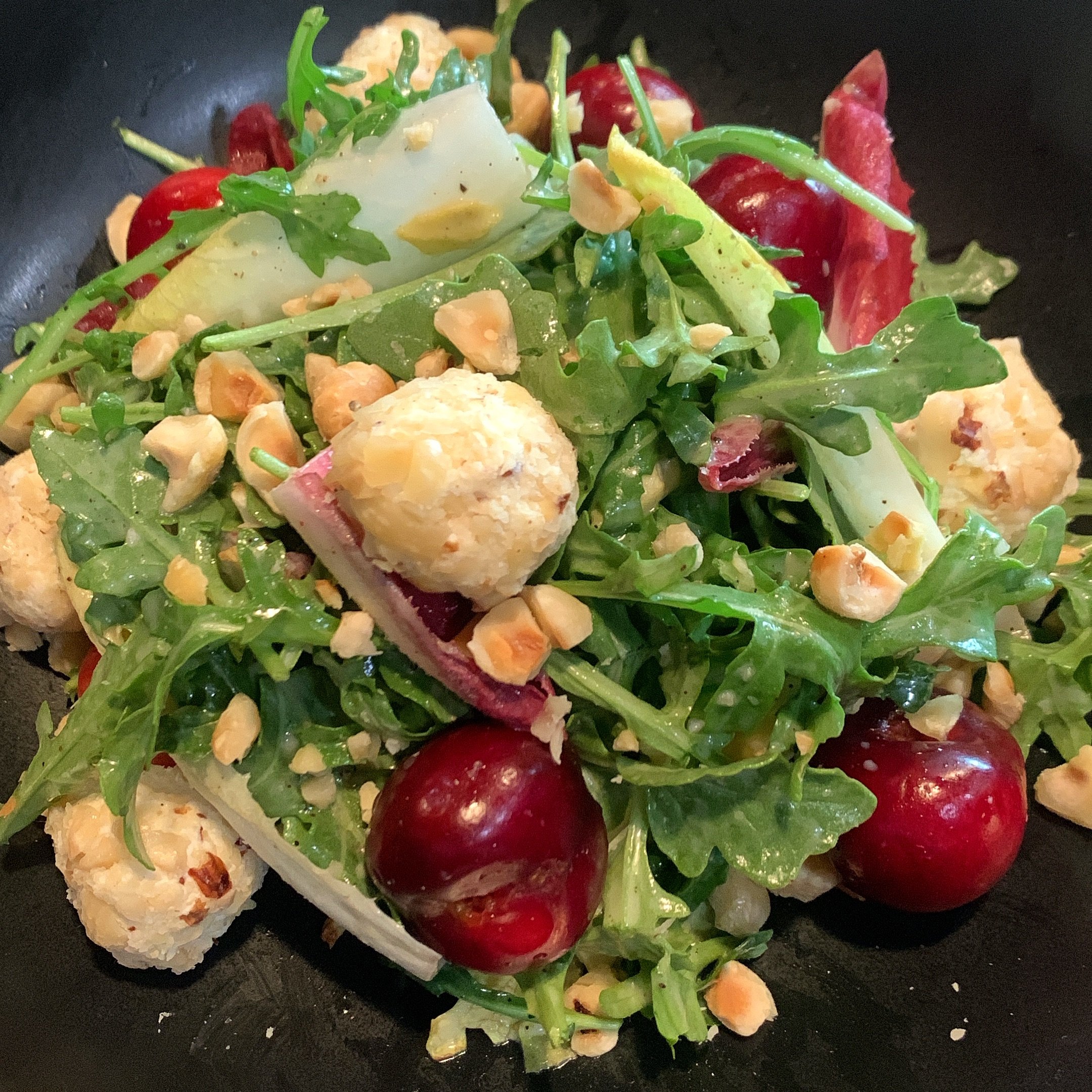 Local Cherries &amp; Goat Cheese Salad 🍒🍒🍒 arugula + belgian endive + hazelnuts + honey champagne vinaigrette 

Latest seasonal salad that&rsquo;s here to stay for a few weeks 😍😍😍 

#lunch #dinner #salad #seasonalsalad #local #cherries #yum