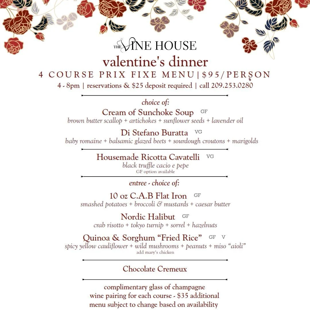 Valentine&rsquo;s Dinner Menu 2.14.26 &hearts;️&hearts;️&hearts;️ we only have a few reservations left at the bar. All tables are officially booked. Give us a call to reserve these last spots 209.253.0280. 

Those with reservations and dining with us