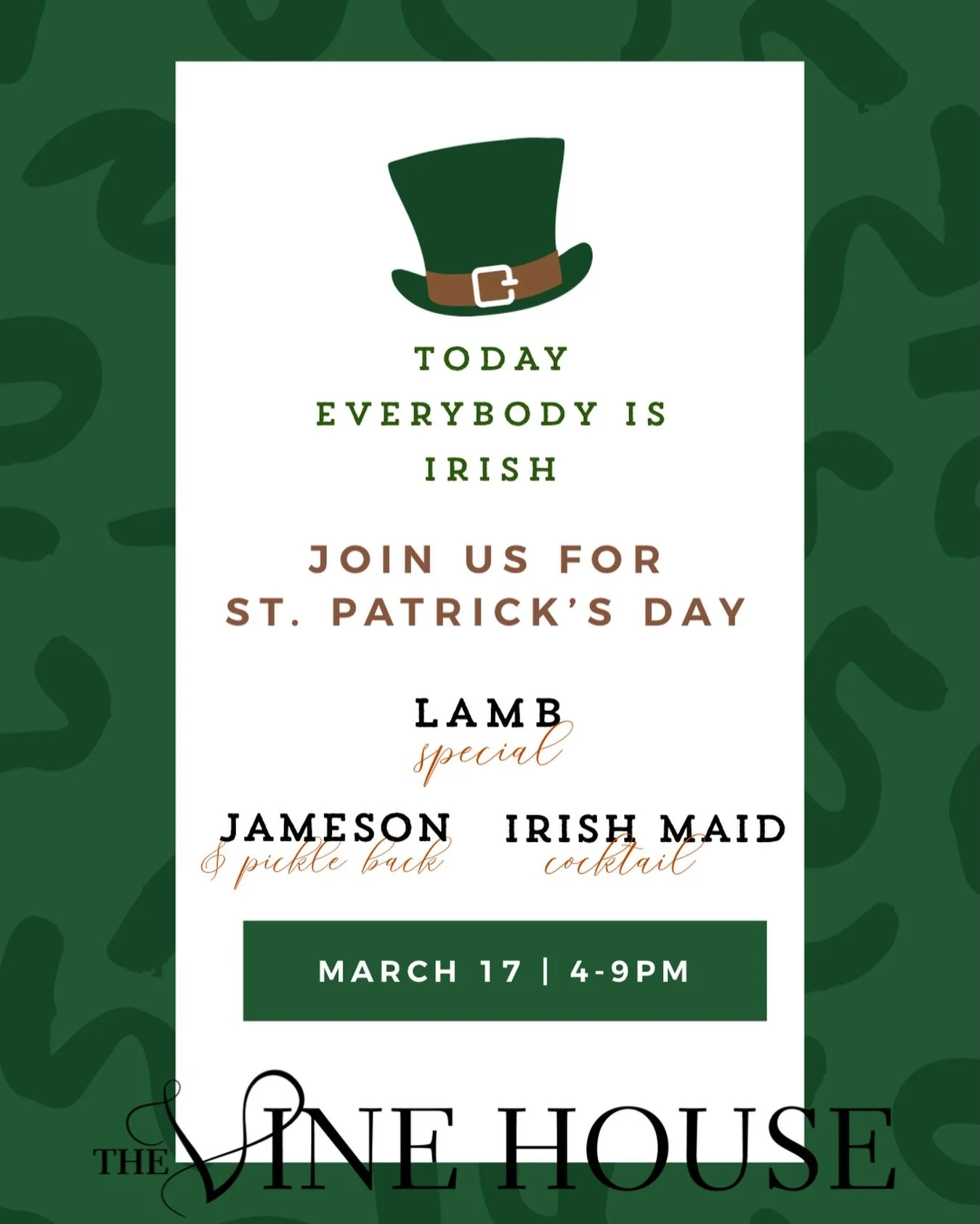 Tuesday March 17th 4-9pm ☘️🇮🇪🍻 call to reserve a seat 209.253.0280 | Social Hour &amp; Seasonal Menu still offered along with traditional Irish food &amp; drinks