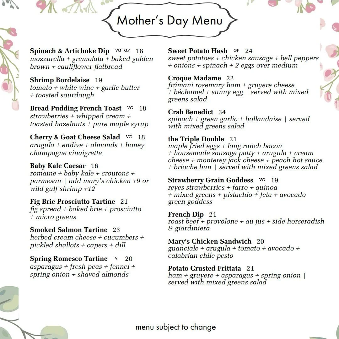 UPDATE: we are officially booked!! Mother&rsquo;s Day Menu 🌸🤍🥂 1 reservation left for a party of 6-7 guests | give us a call 209.253.0280