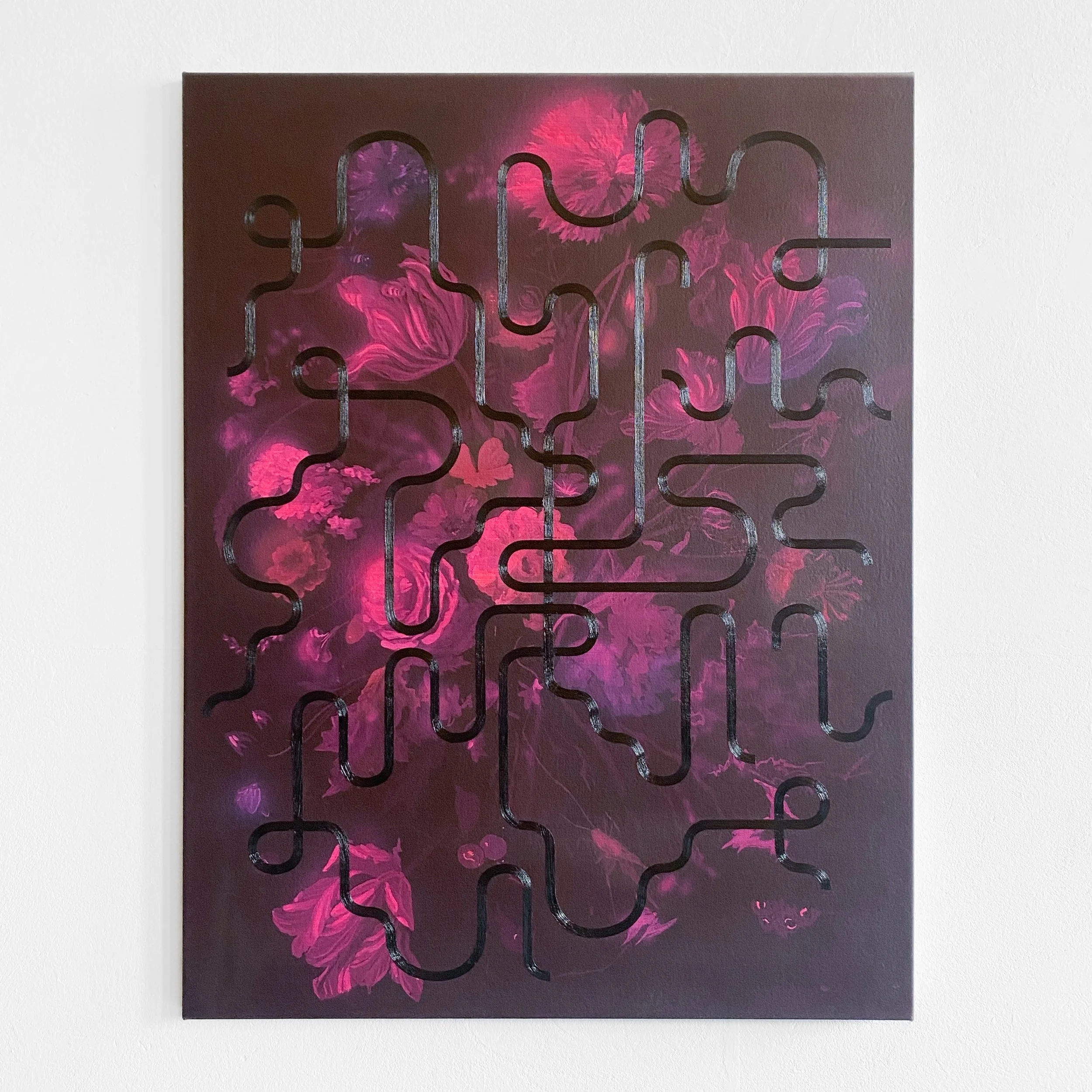 Abstract artwork featuring pink flowers and a black maze-like pattern on a dark background.