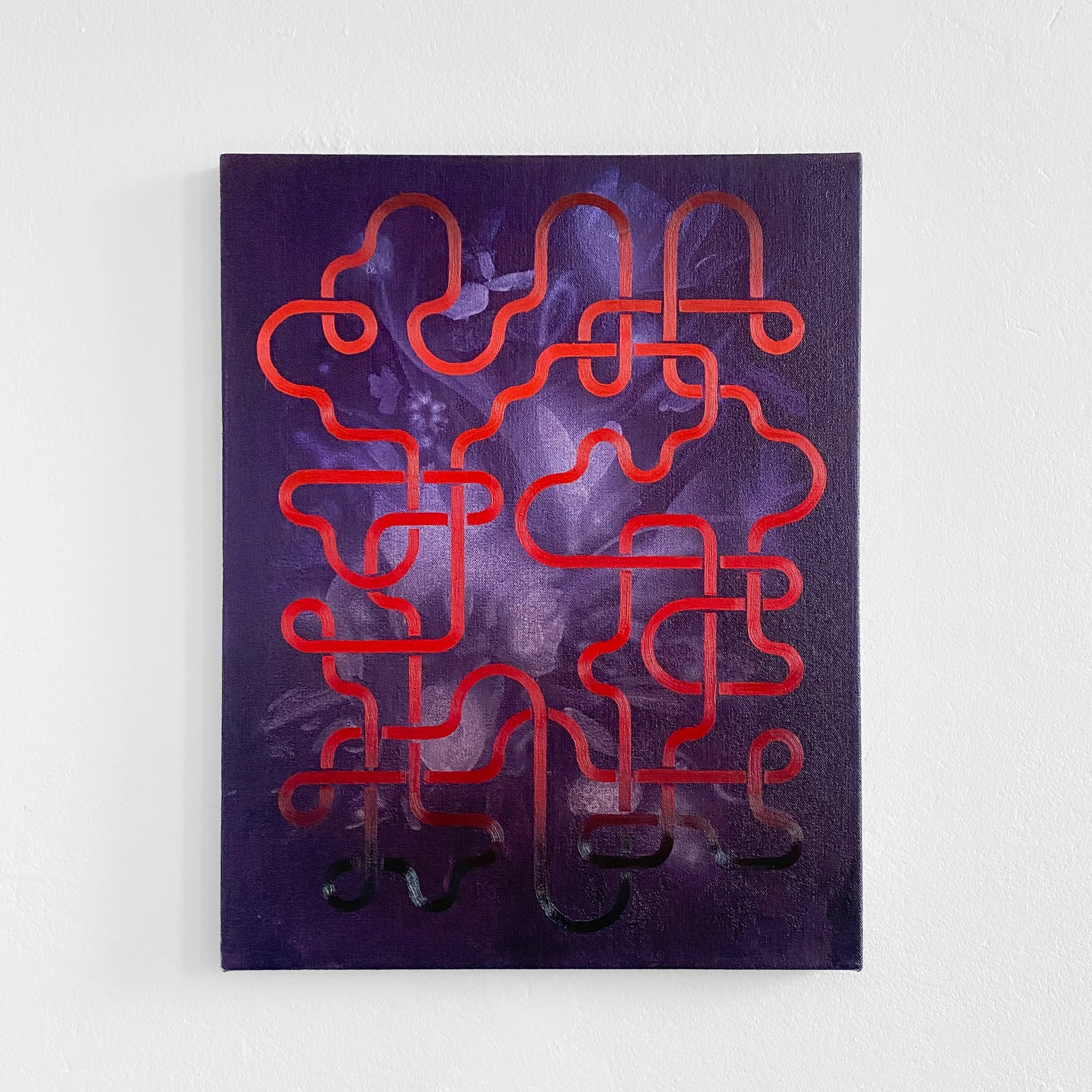 Pink neon outline of a human brain on a purple background.