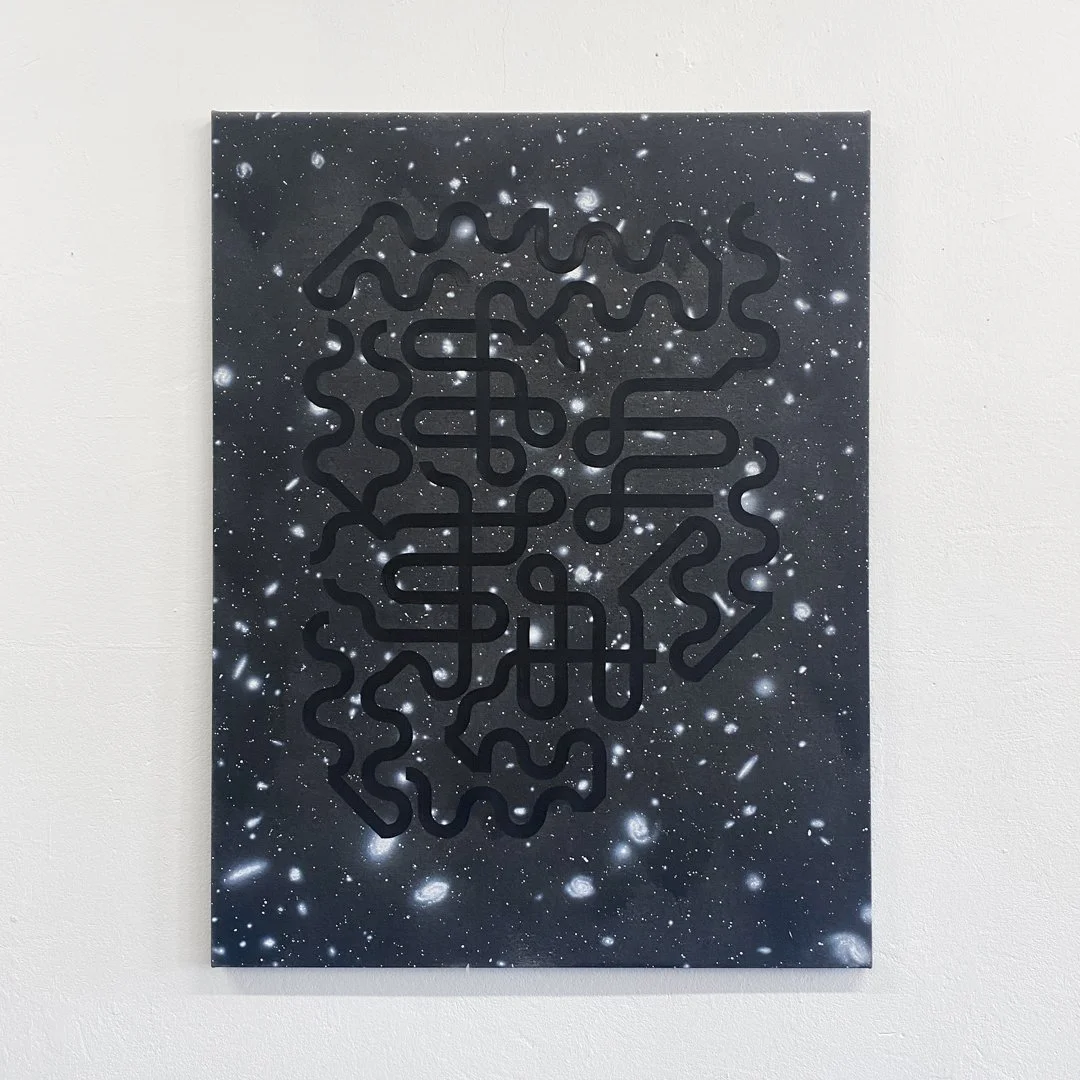 A maze artwork with a galaxy or space background, featuring white dots and nebula clouds, and black maze lines overlayed.