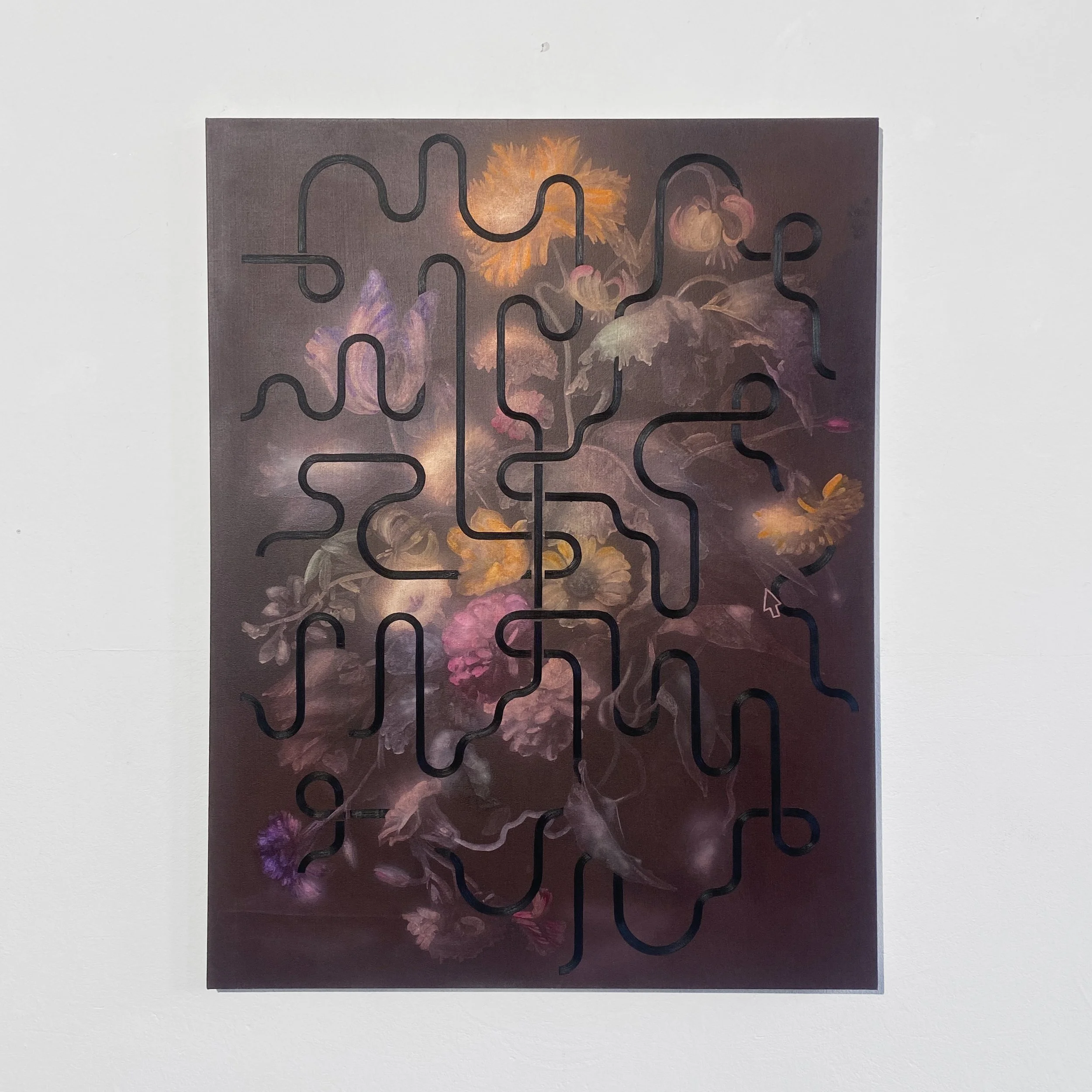 A rectangular puzzle with dark outlines on each piece, placed on a white surface, with a floral background image showing yellow, purple, and pink flowers.