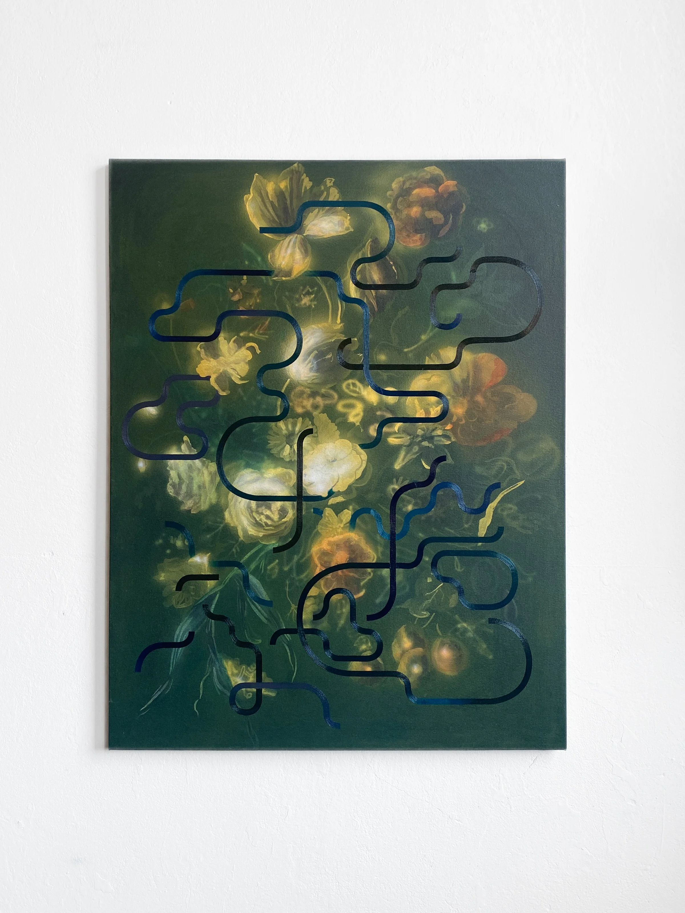 Abstract artwork with a dark green background, floral elements, and a blue maze-like line overlay.