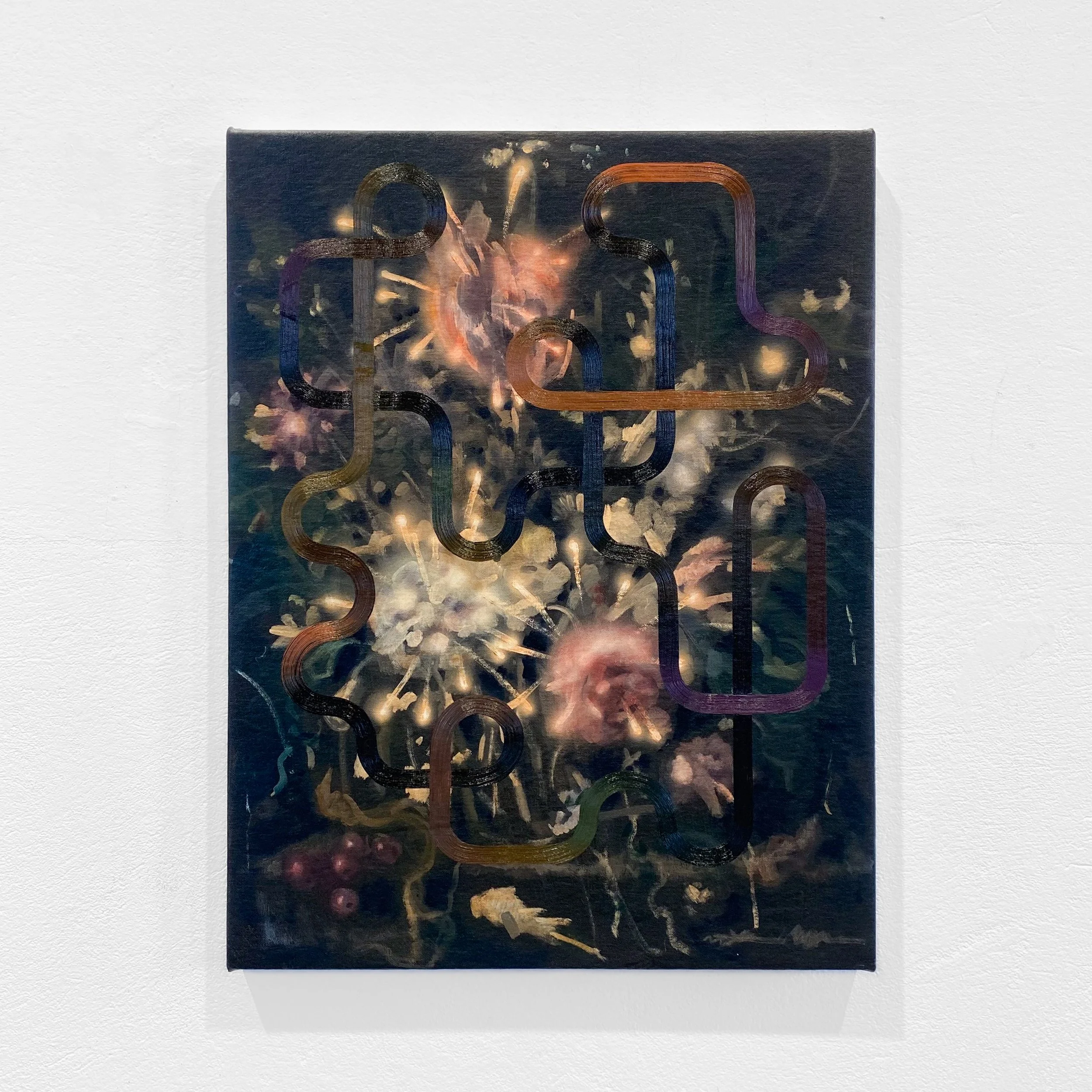 An abstract painting featuring dark background with colorful, interconnected, looping lines, and bright, starburst-like splatters.