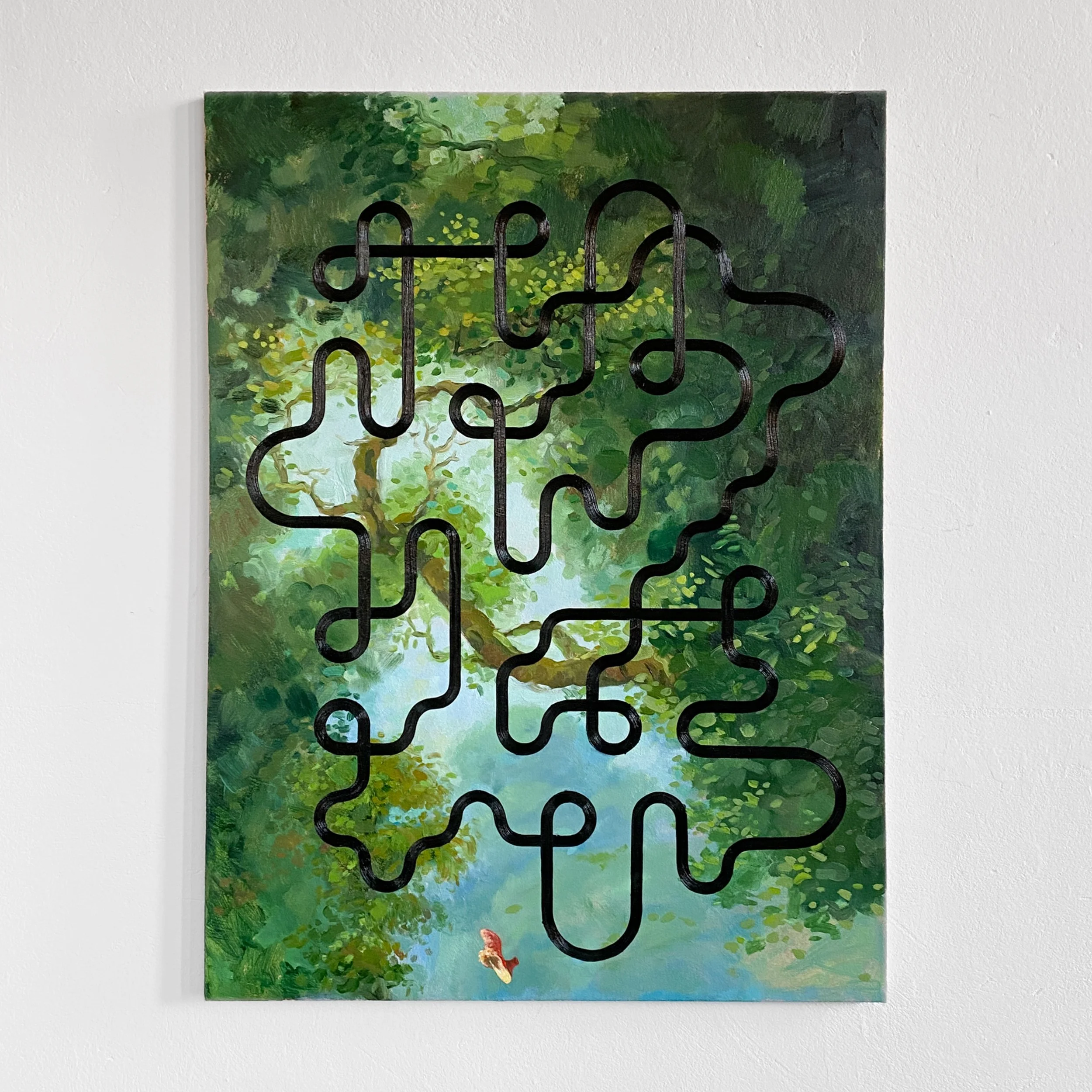 A colorful abstract painting of a park or garden scene with green foliage, water, and a small red and white animal or figure near the water.