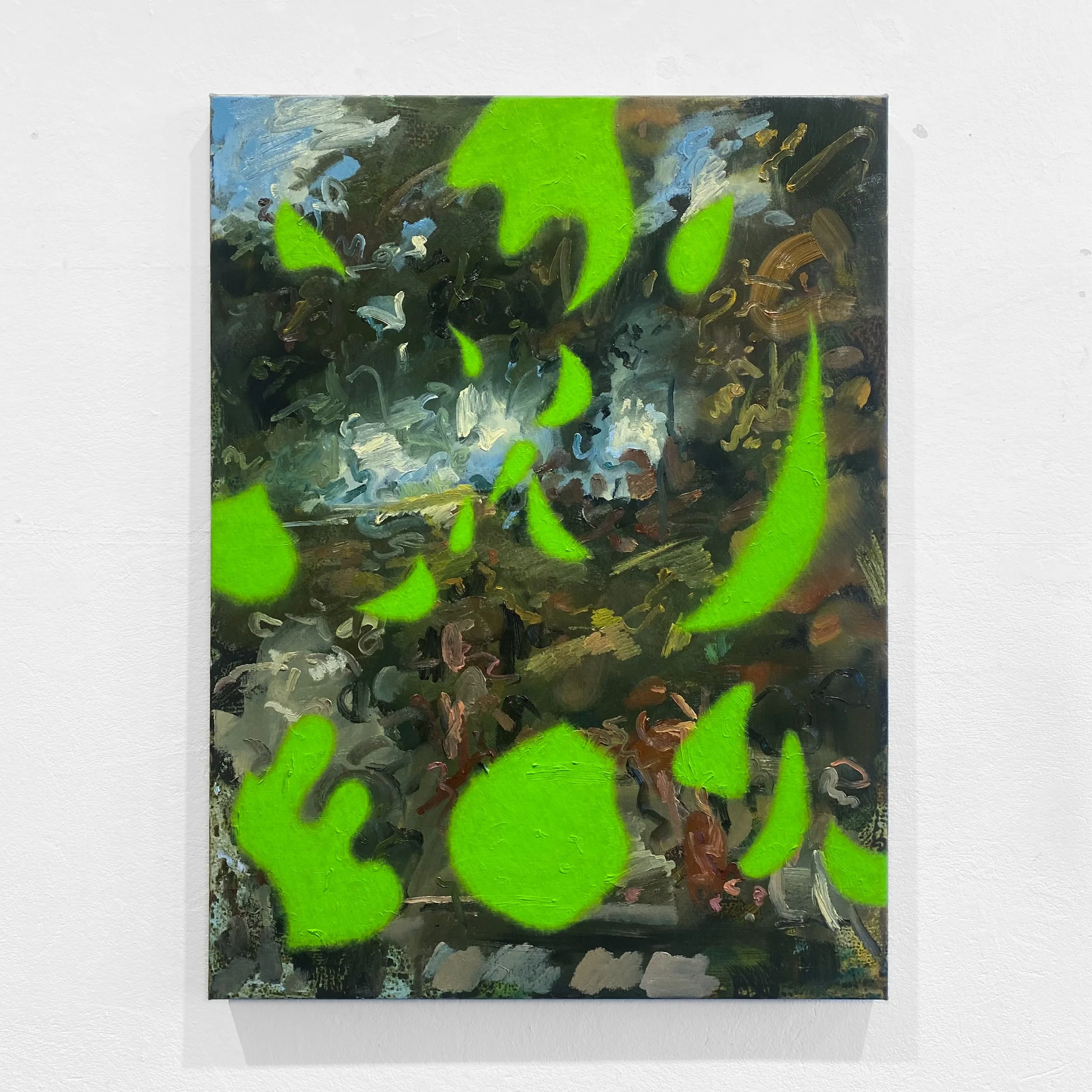 Abstract painting with bright green shapes and dark background, featuring swirling brushstrokes and textured surface.
