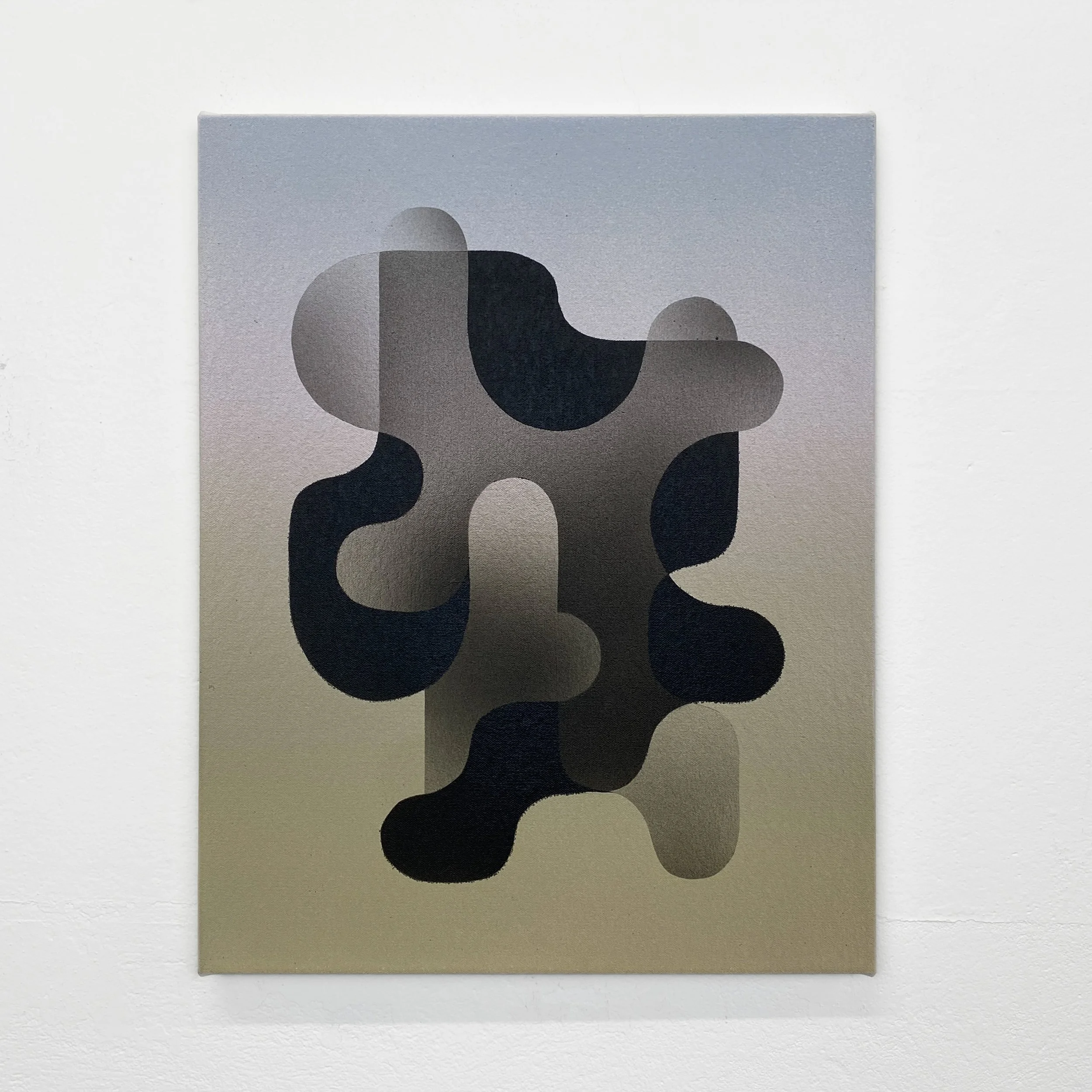 Abstract art piece with overlapping organic shapes in shades of beige, gray, and black on a square canvas.