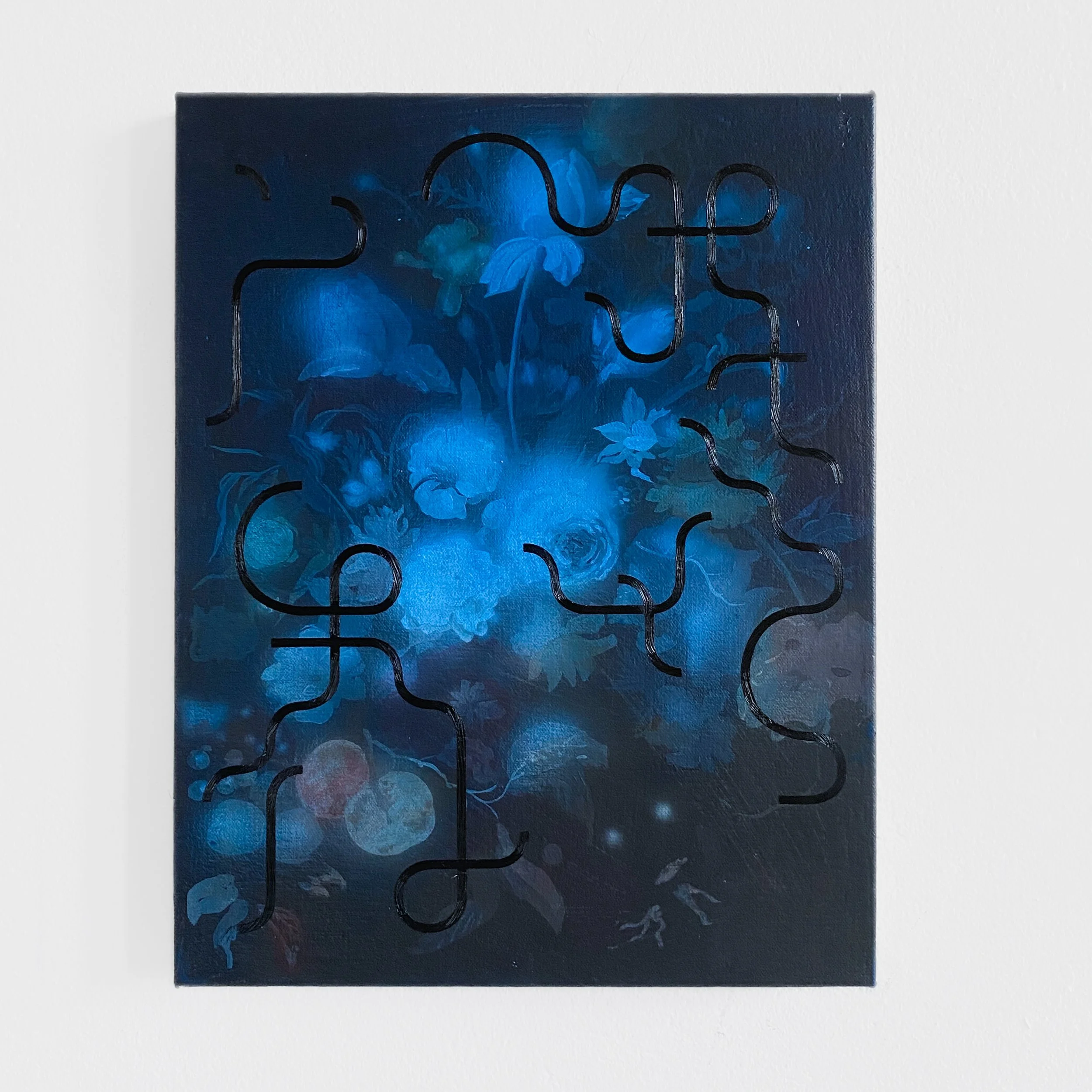 A painting with a dark blue background featuring abstract blue flowers. Black curved lines overlay the image, forming abstract human figures.