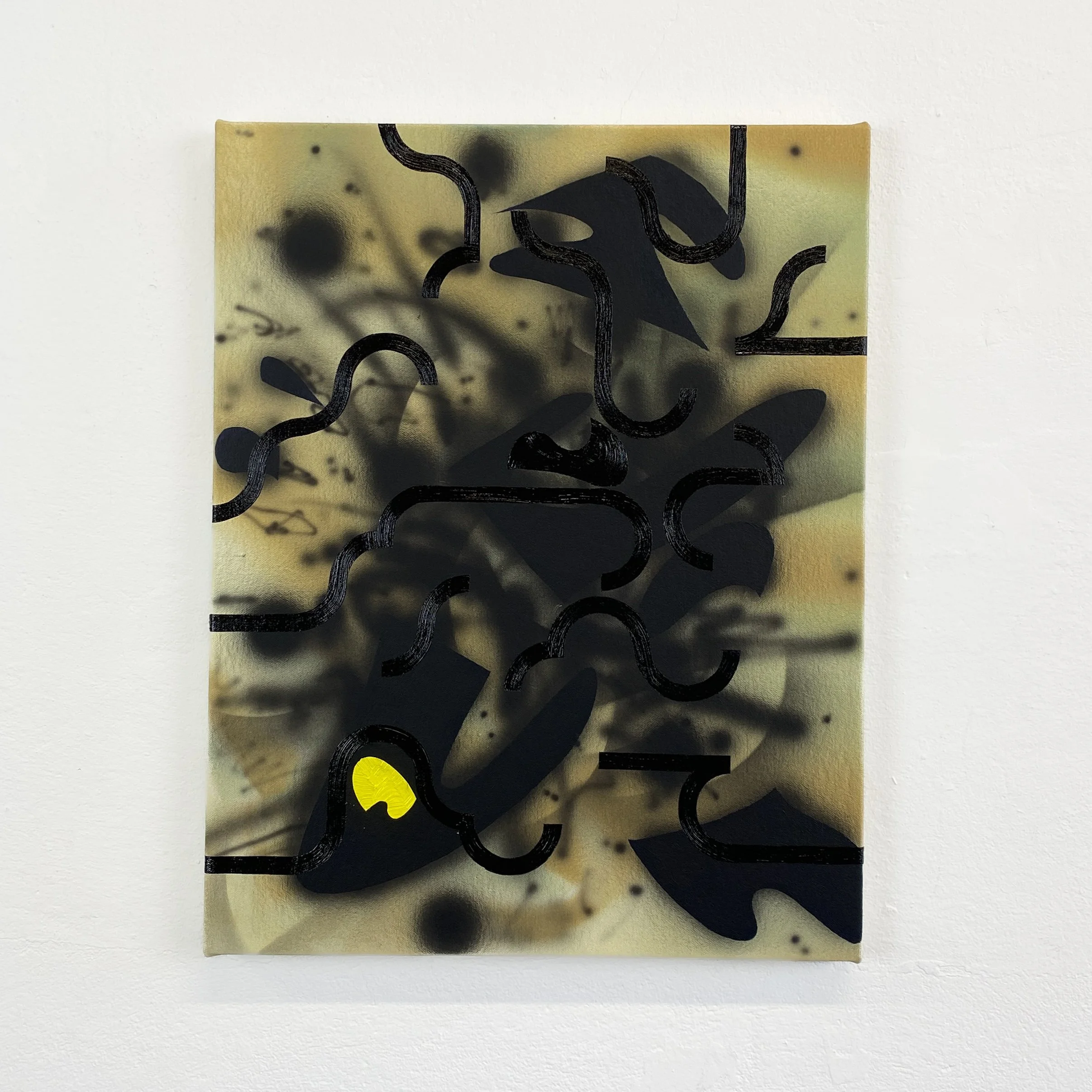 Abstract artwork with black, yellow, and green design elements on a white background