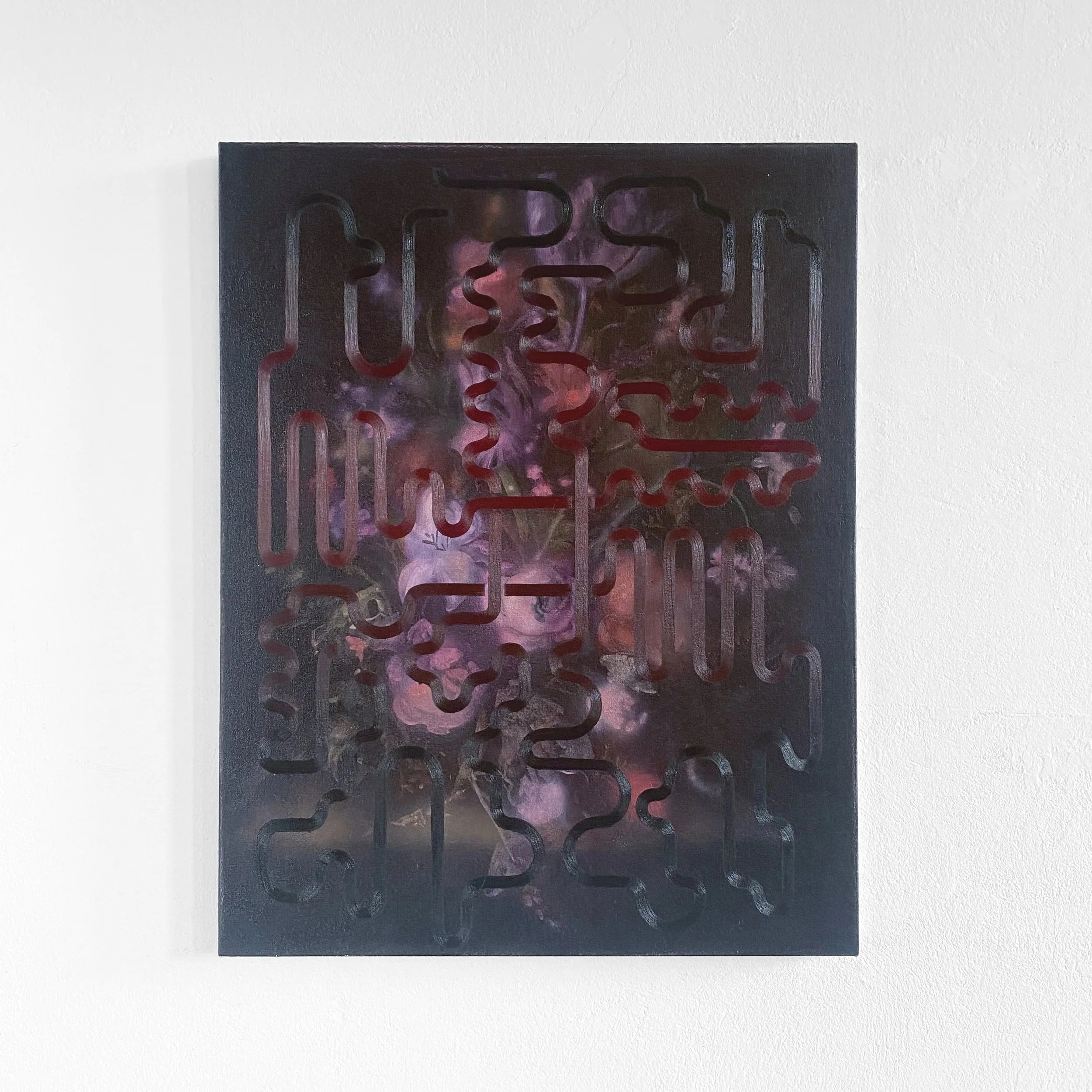 Abstract mixed media artwork featuring dark background with purple, pink, and red swirls and a laser-cut black layer with curved lines.