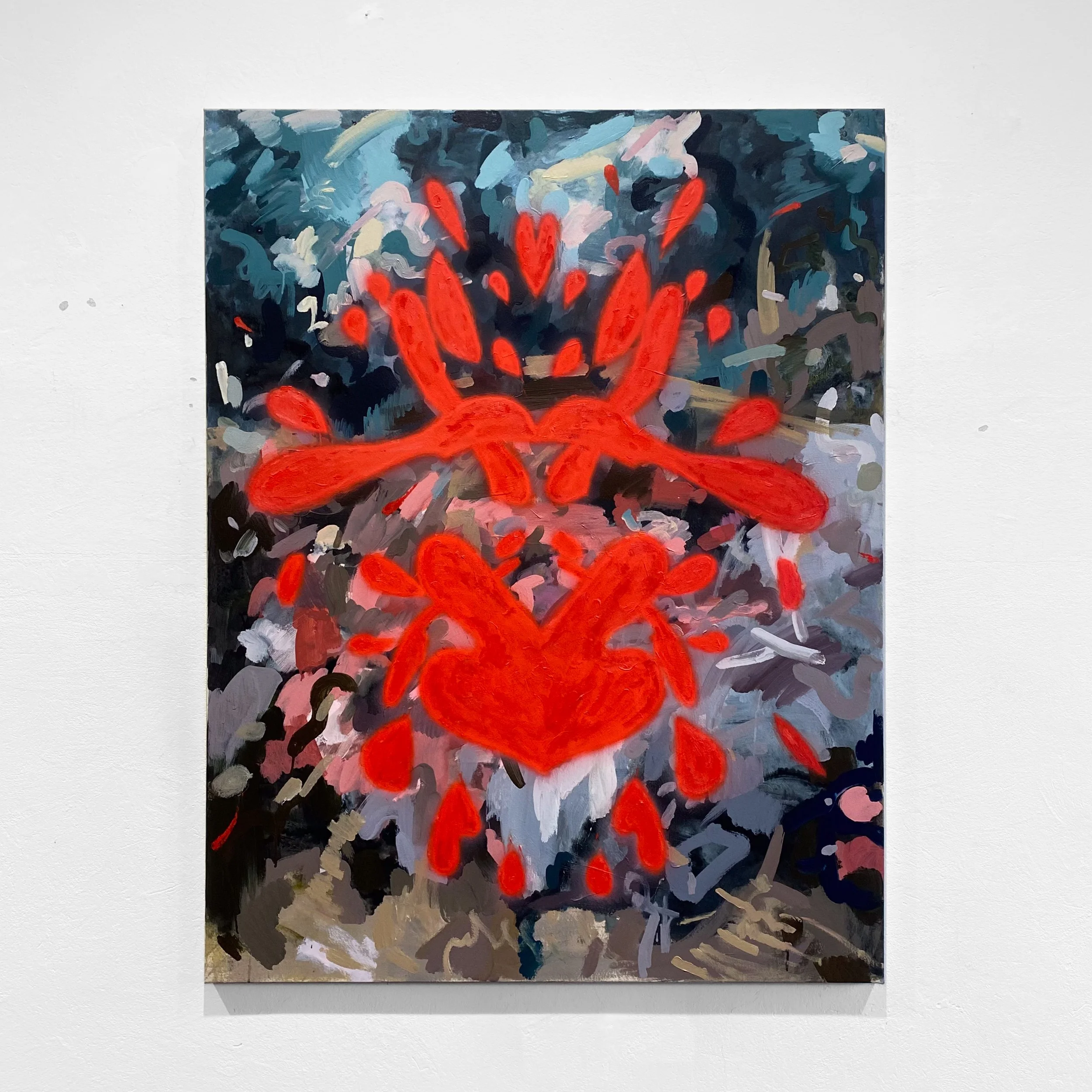 Abstract painting featuring vibrant red shapes and darker background with shades of blue, gray, and white.