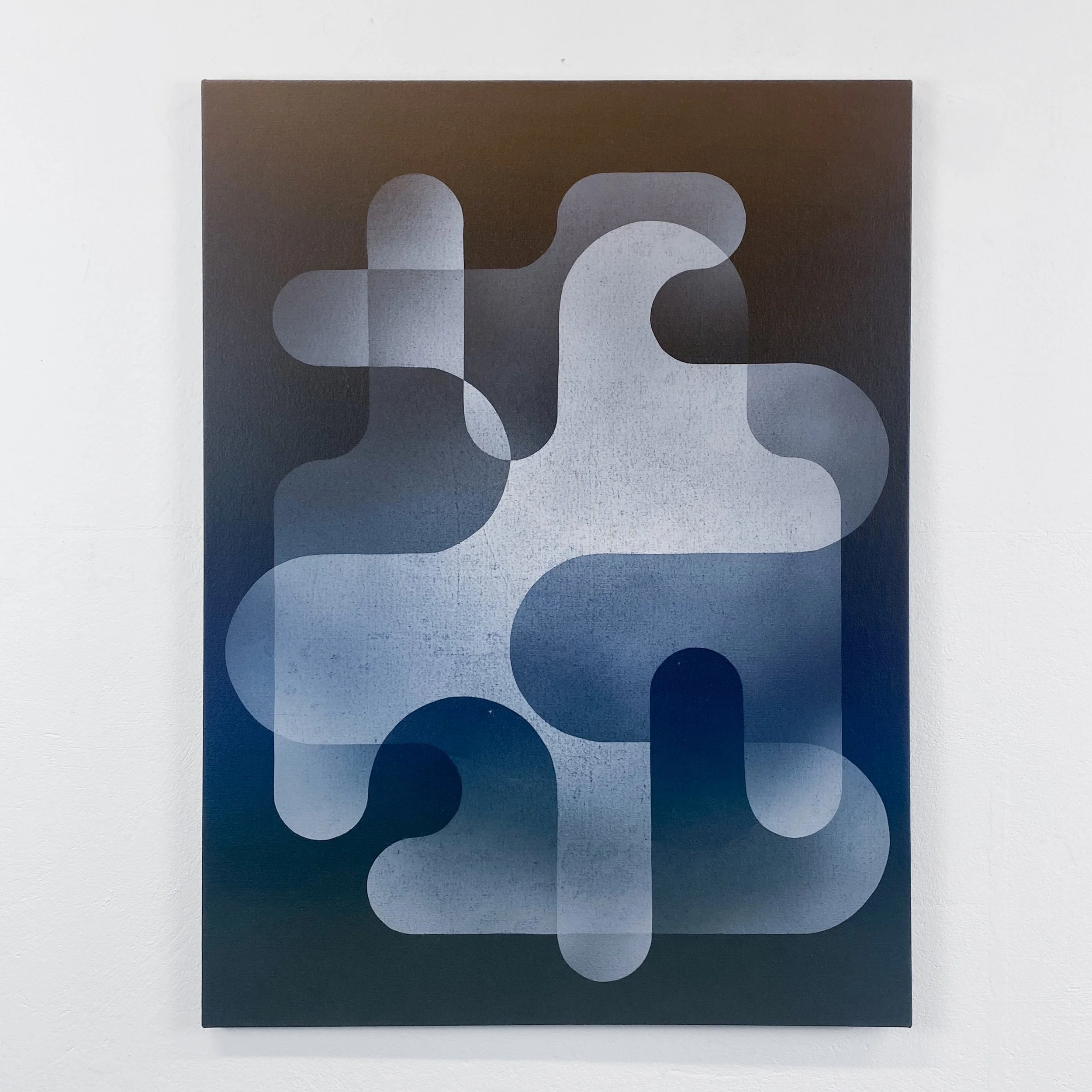 An abstract art piece featuring shades of black, white, gray, and brown in overlapping rounded shapes.