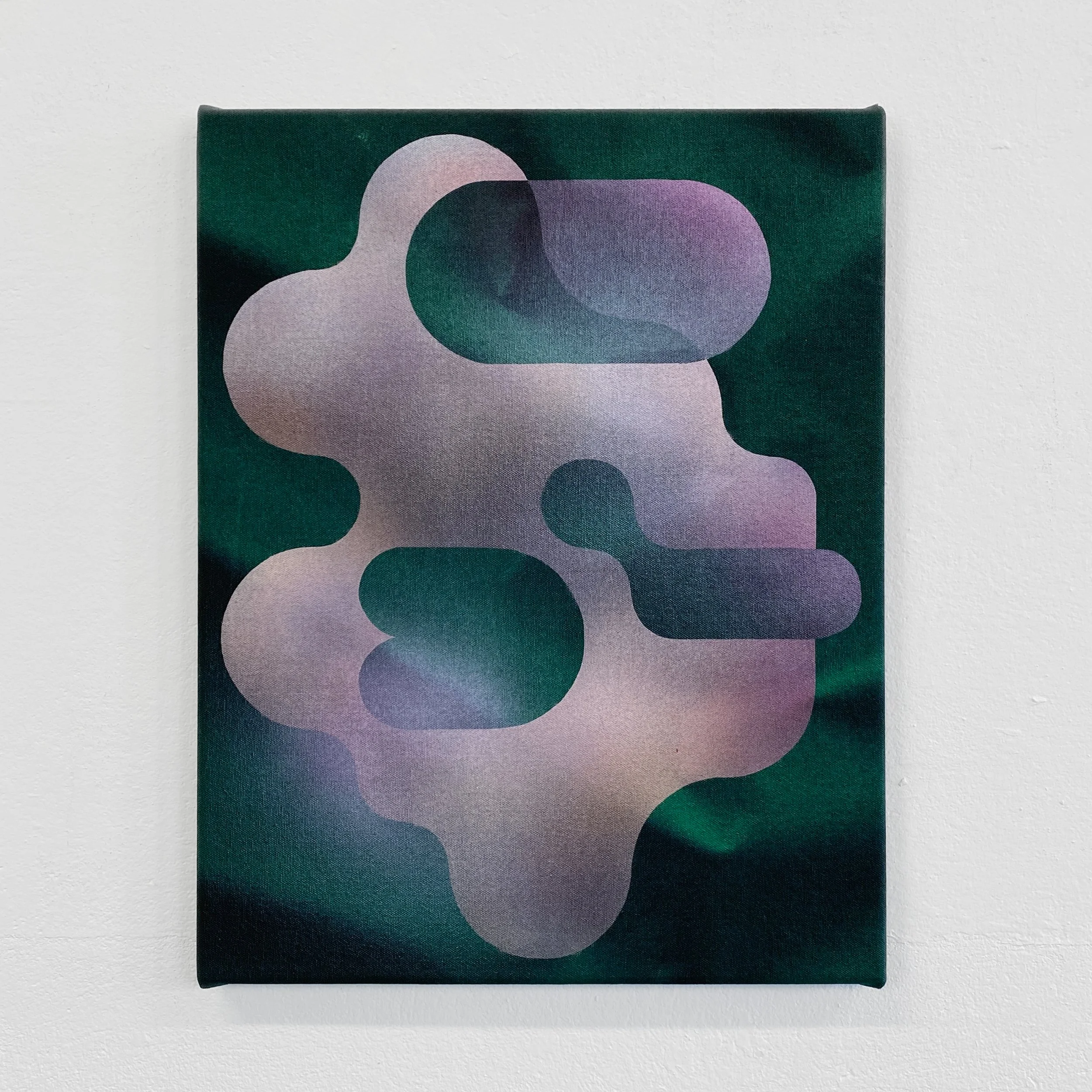 Abstract artwork with flowing shapes in shades of purple, pink, green, and blue on a dark background.
