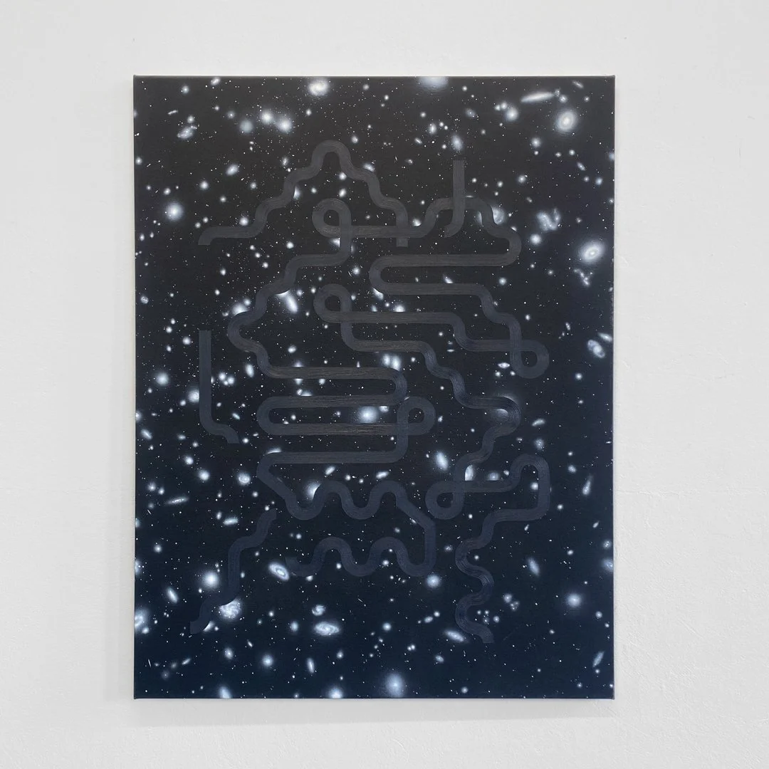 Abstract artwork with a starry galaxy background and a black maze-like line pattern over it.
