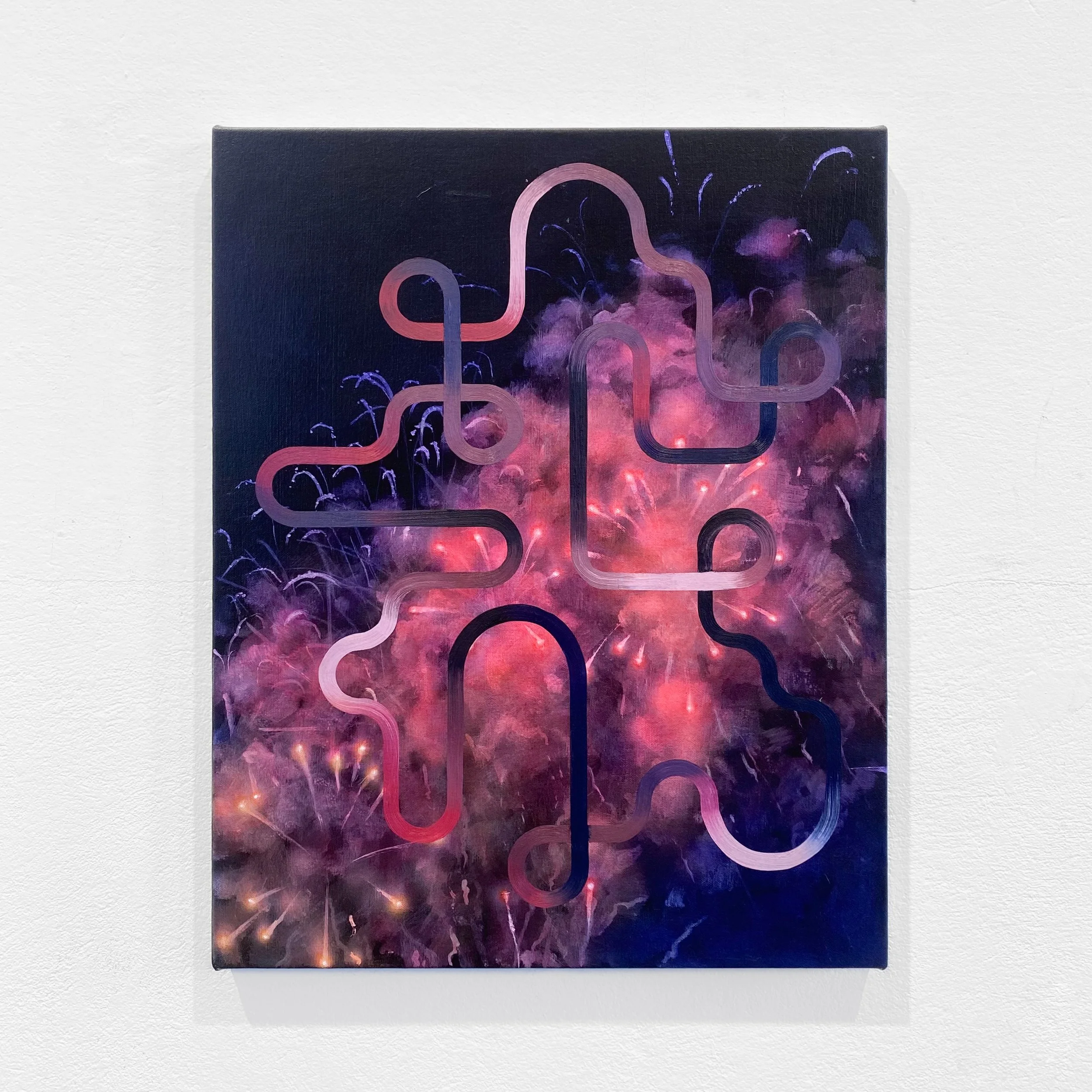 Abstract painting featuring colorful, curved lines over a background of pink, purple, and black with fireworks.