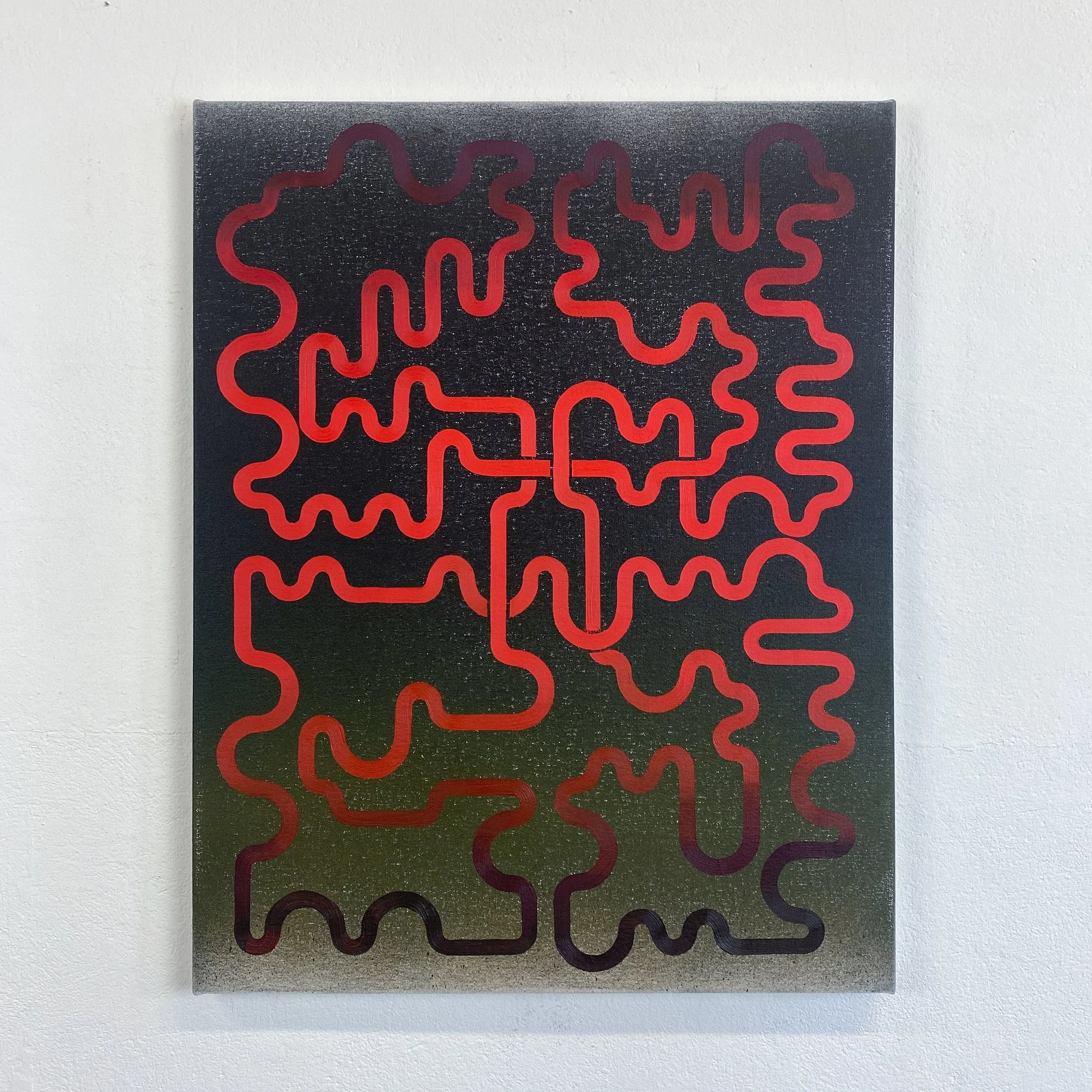 An abstract artwork with colorful, interconnected, maze-like lines on a black and gray gradient background, mounted on a white wall.
