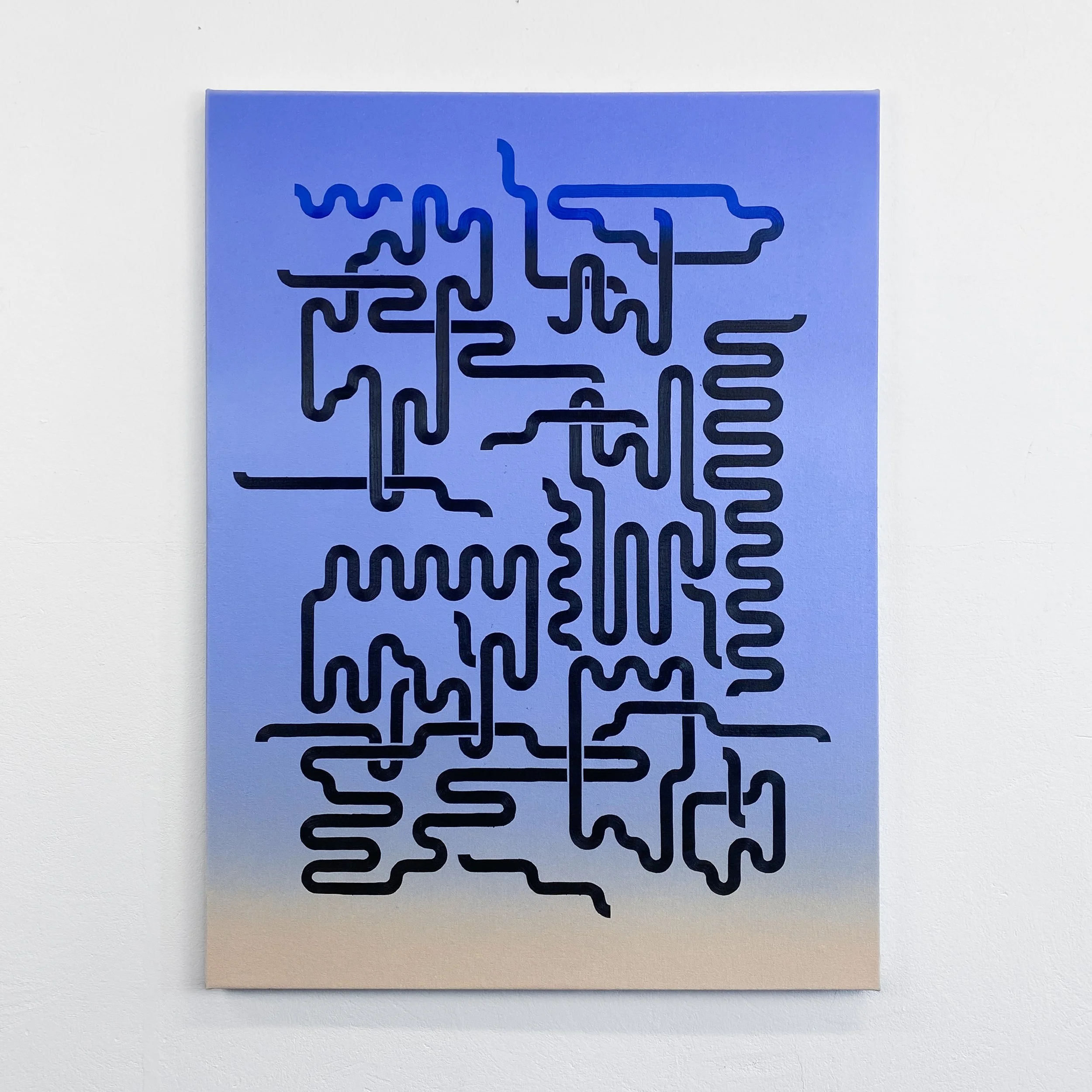 A blue square with a maze pattern in black.