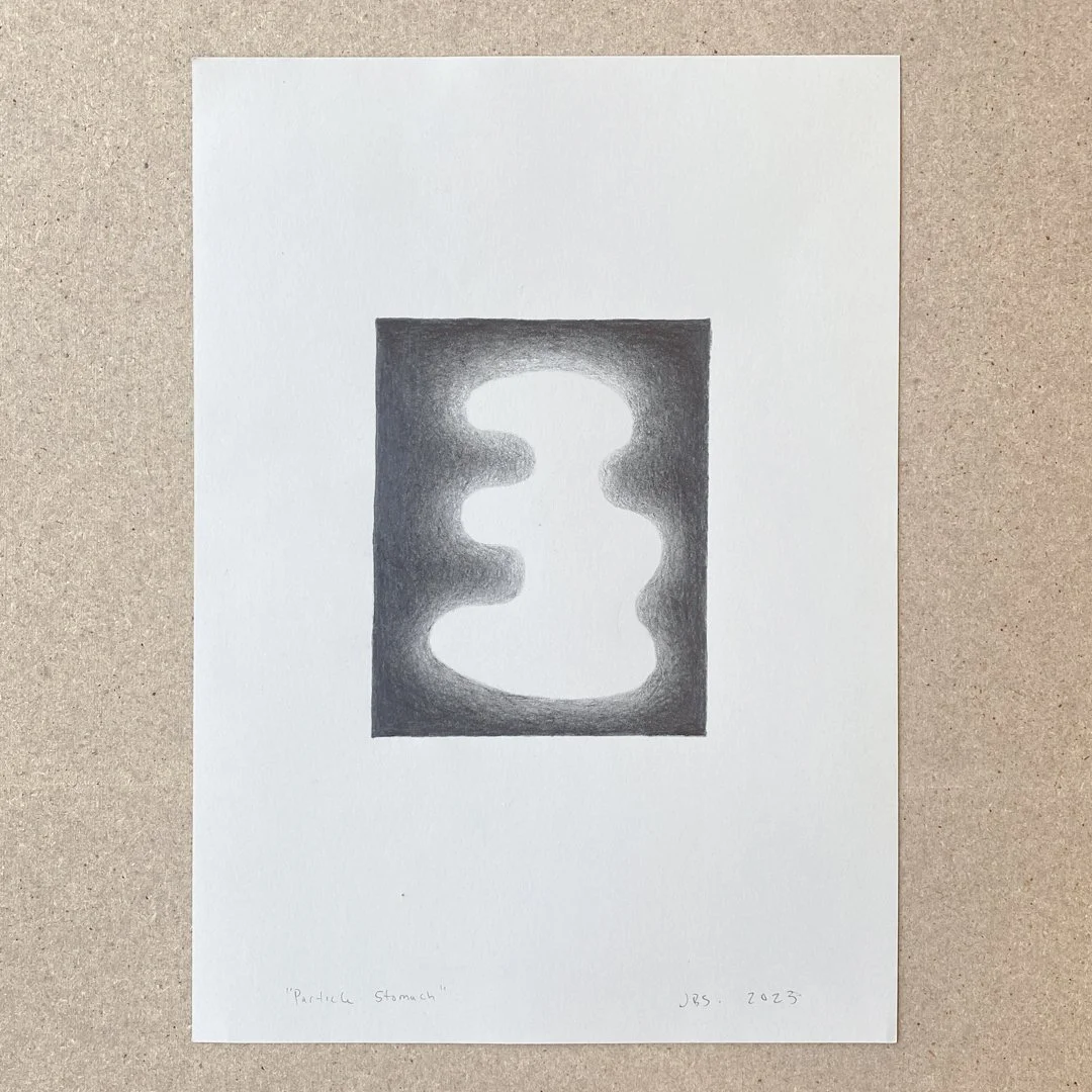 A black and white drawing titled "Particle Stomach" featuring an abstract shape resembling a simplified stomach or organic form, with shading and gradient effects.