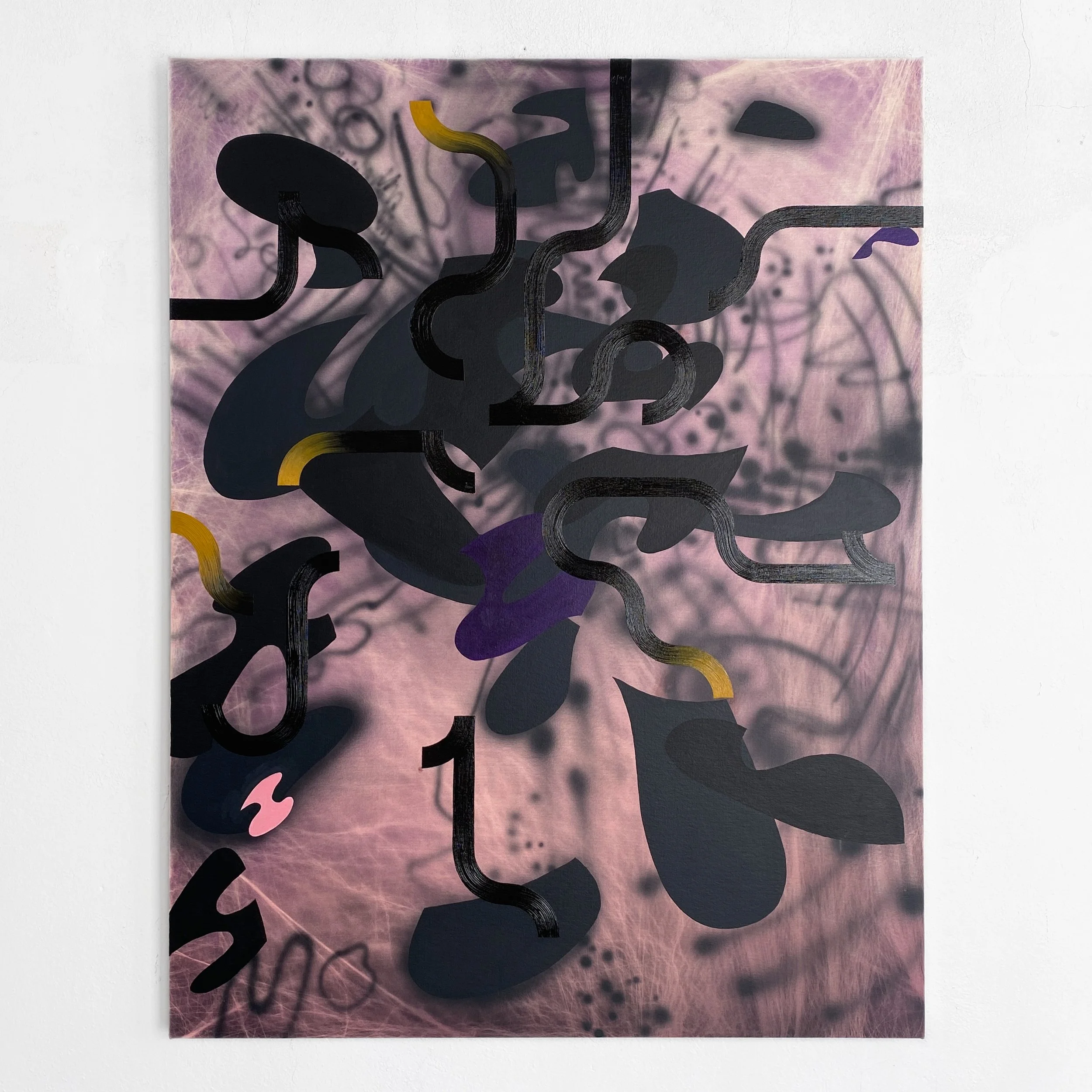 Abstract artwork with black, purple, yellow, and pink flowing shapes and lines on a textured pink background.