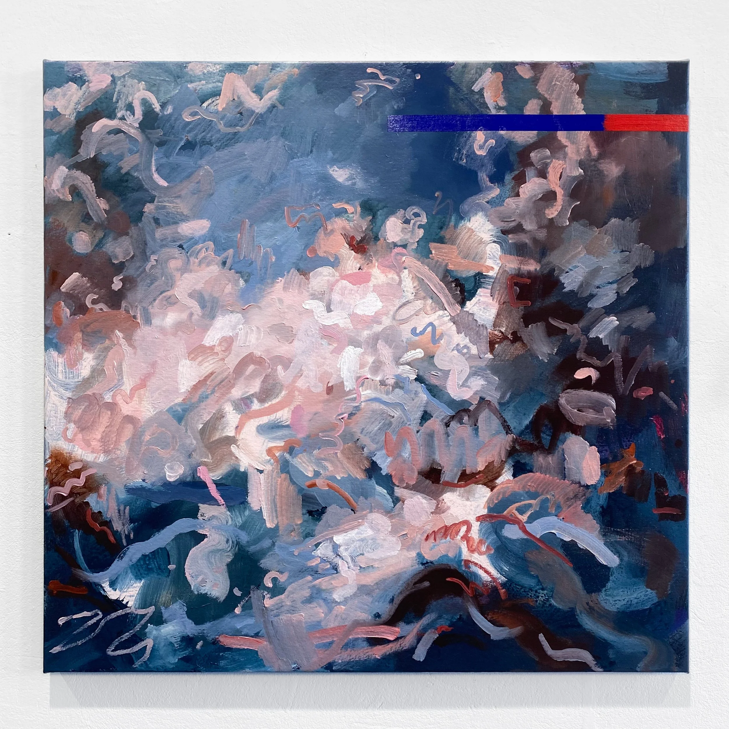 Abstract painting with swirling brushstrokes in shades of blue, pink, and brown, with a prominent horizontal red and blue stripe near the top.