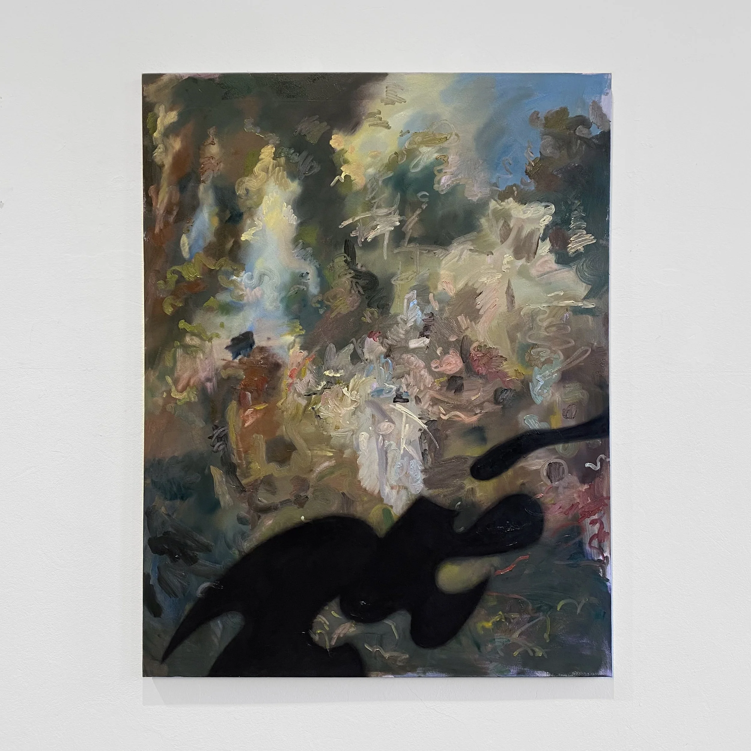 Abstract expressionist painting with swirling, colorful brushstrokes in dark and light shades, including blue, yellow, black, and brown, on a white gallery wall.