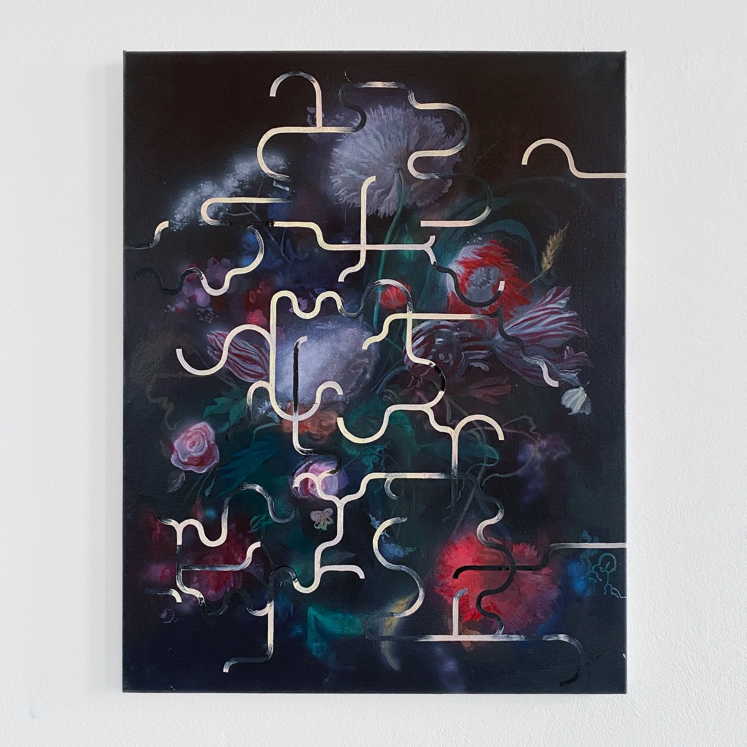 Abstract painting featuring dark background with colorful floral elements and interconnected white lines.