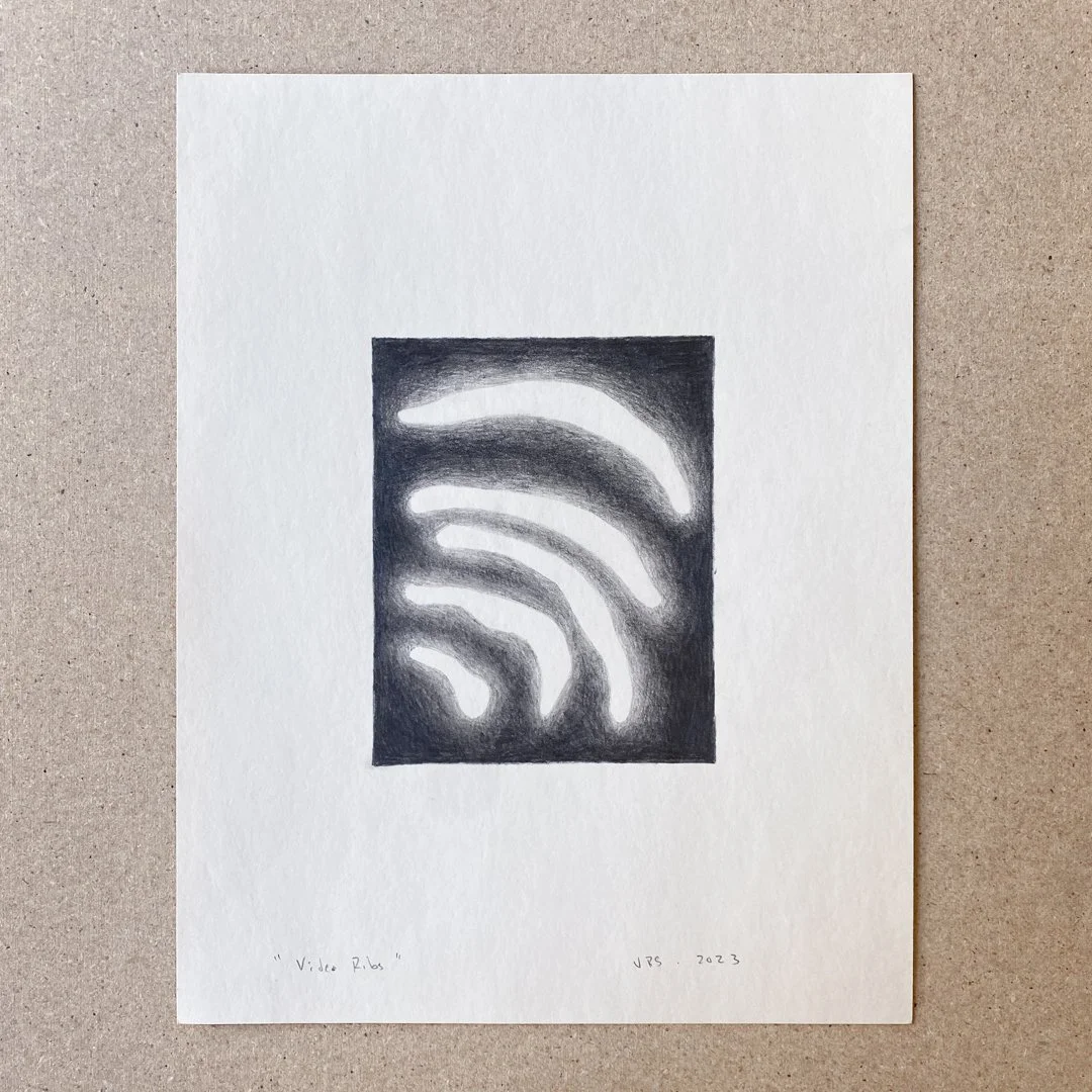 A monochrome ink drawing of a Wi-Fi symbol on white paper, titled 'Video Ribs' and signed 'VRS 2023' at the bottom.