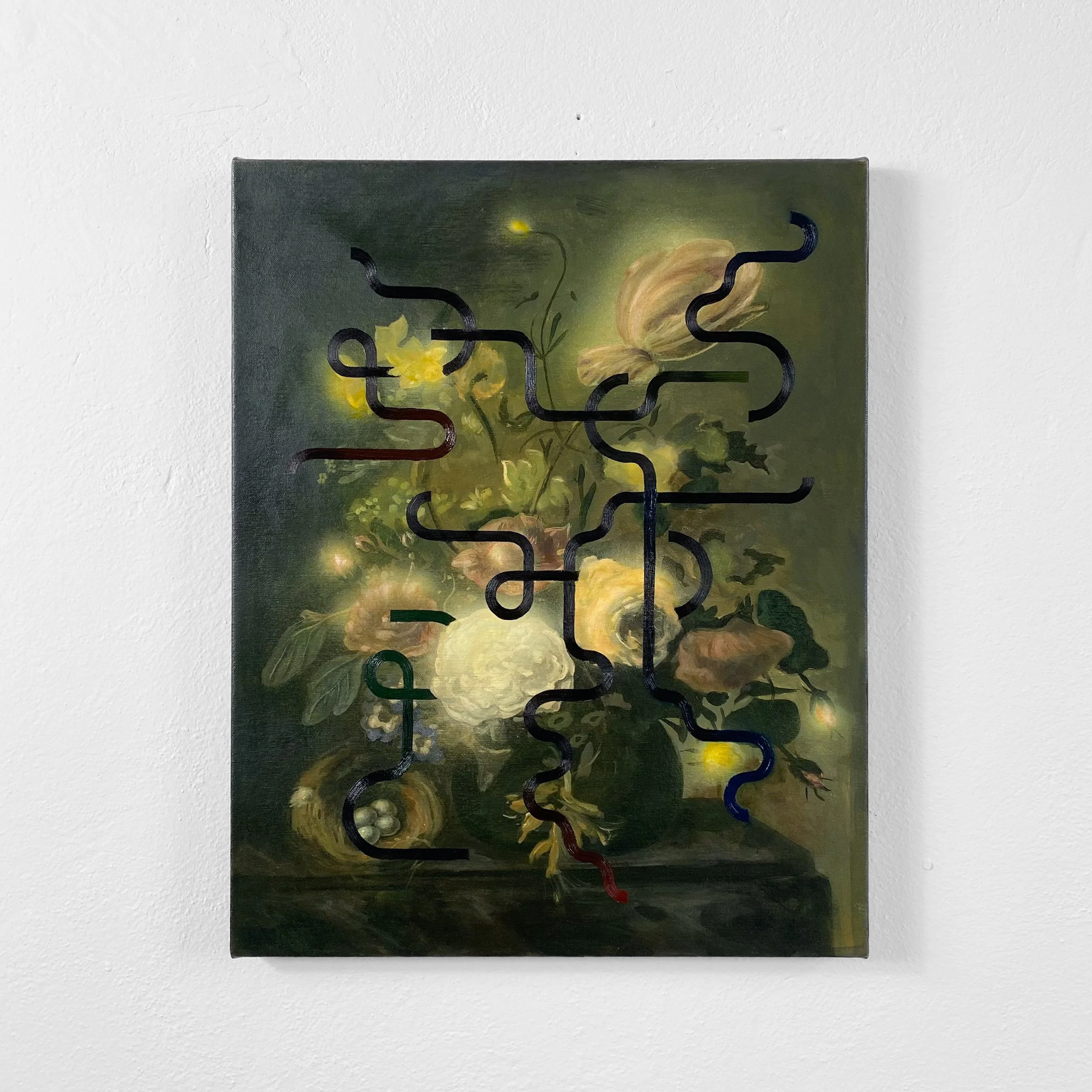 Abstract painting with a dark green background and black, red, and blue curvy lines, some illuminated with yellow glowing spots.