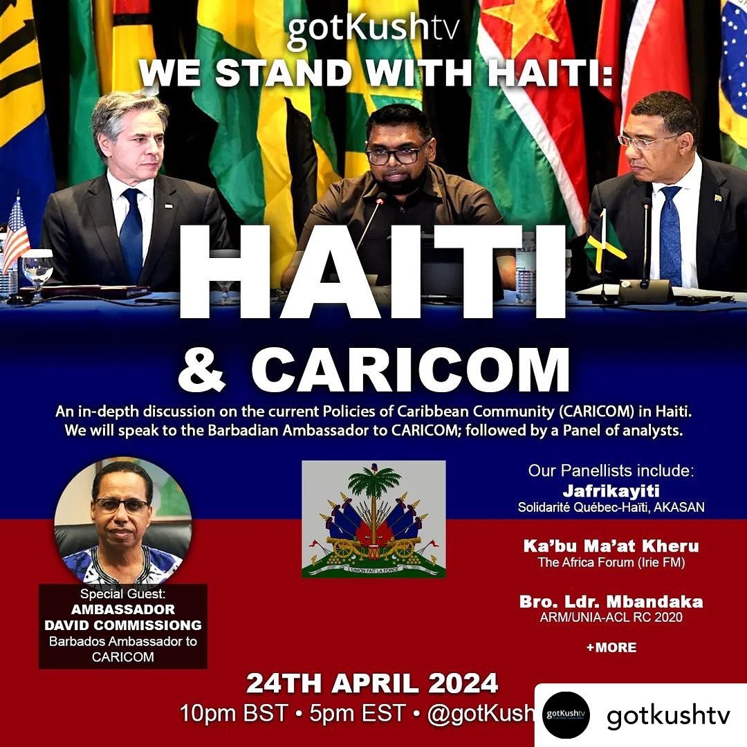 5pm tonight y&rsquo;all 👉🏿👉🏿👍🏿&bull; @gotkushtv LIVE TONITE! HAITI &amp; CARICOM!

The Caribbean Community (CARICOM 🇯🇲🇧🇧🇬🇾 etc) has stepped to the fore in attempting to address the current Crisis in Haiti 🇭🇹. While for some a regional b