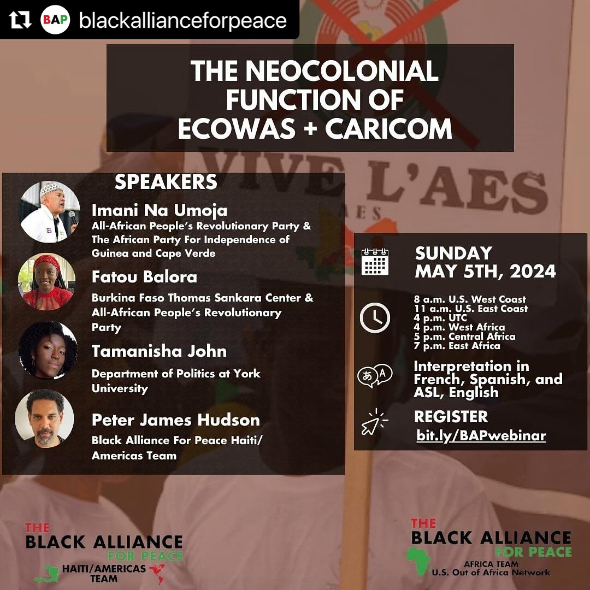 #Repost @blackallianceforpeace 
・・・
Join us in kicking off African Liberation Month at our upcoming webinar Sunday, May 5th where we will unpack the complex geopolitical landscapes of Africa and the Americas under CARICOM and ECOWAS, explore key conc