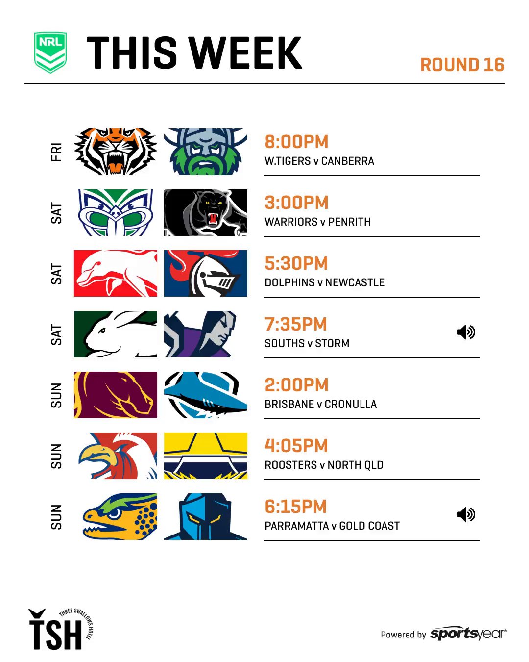 Footy fans, Round 16 is here! 🏉 Catch all the NRL action LIVE &amp; LOUD this weekend at the Three Swallows Hotel!

📆 This Week's Lineup:
🐯 Fri 8PM &ndash; W. Tigers v Canberra
🐑 Sat 7:35PM &ndash; Souths v Storm
🐔 Sun 4:05PM &ndash; Roosters v 