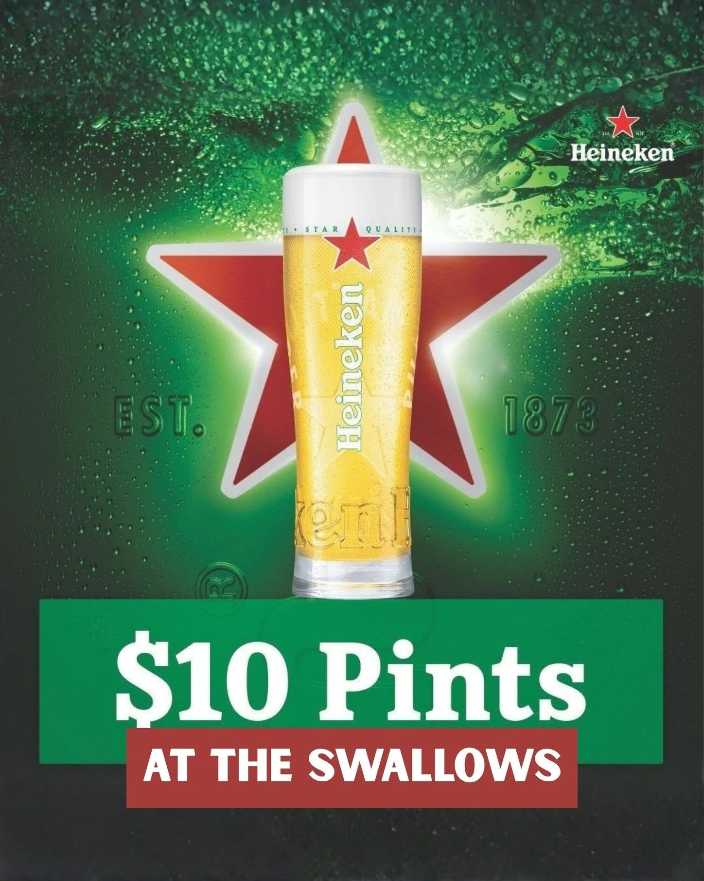 🍺 Fresh. Cold. Crisp.
Enjoy $10 Heineken Pints every day at The Swallows! 🍻

Bring your mates, grab a pint, and make it a good one.
Cheers to great beer at a great price! 🙌

📍 Three Swallows Hotel

#ThreeSwallowsHotel #Heineken #PintSpecial #Beer