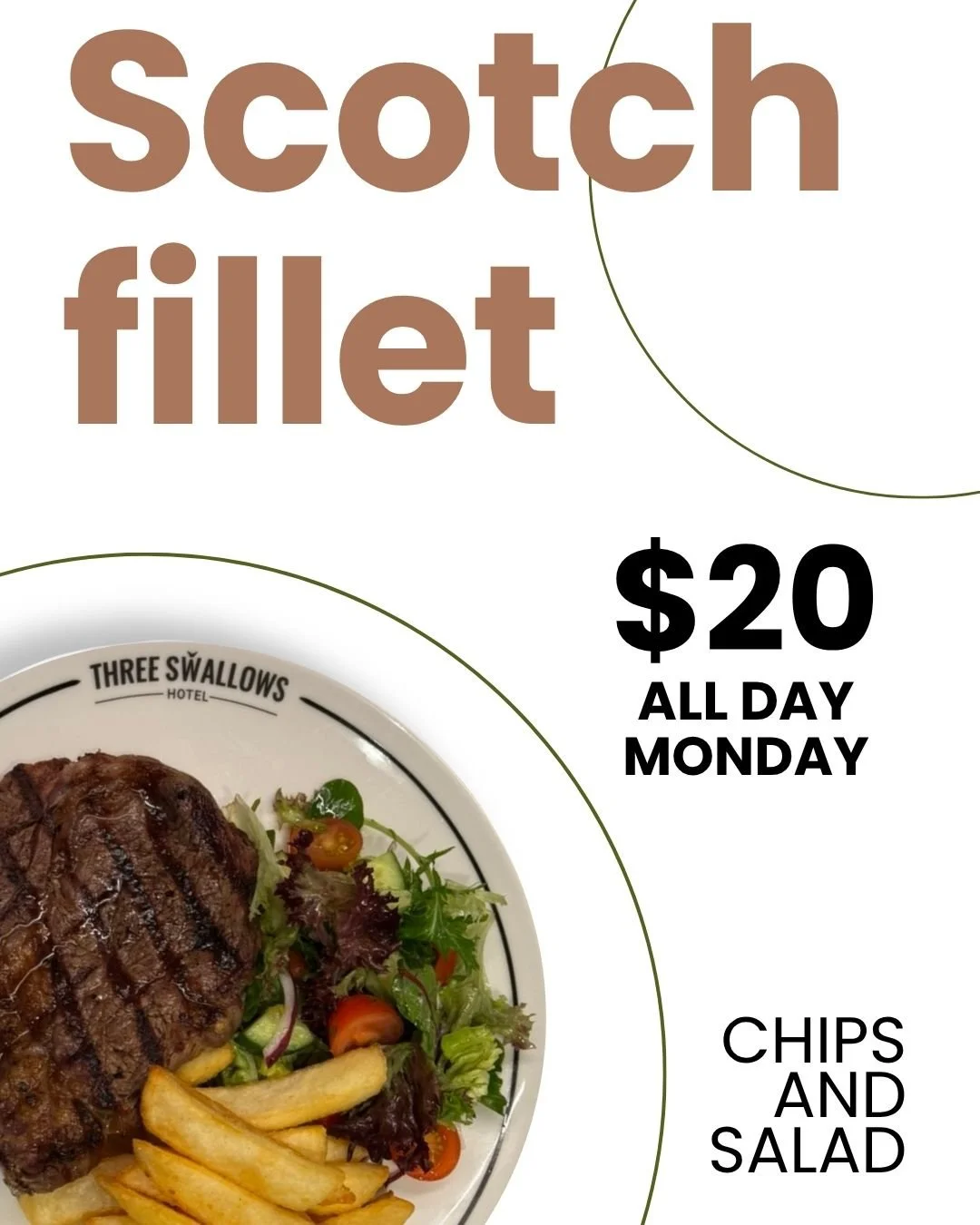 🔥 MONDAY STEAK DEAL! 🔥
Start your week right with a juicy Scotch Fillet served with chips and salad &mdash; all for just $20! 😋

Perfectly grilled, cooked just the way you like it, and available all day Monday.
There&rsquo;s no better way to beat 