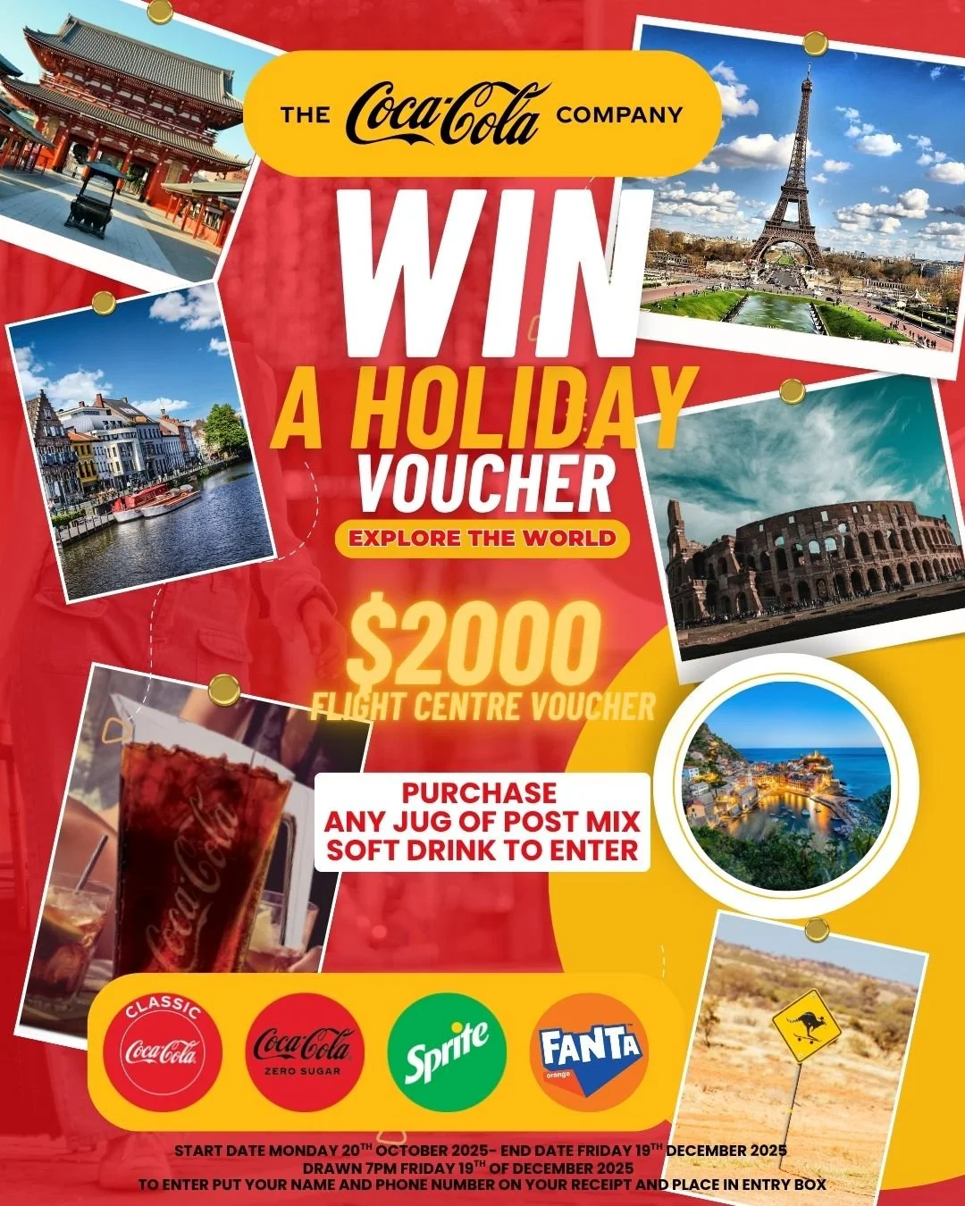 🌍 WIN a $2000 Holiday Adventure! 🌍
Your next getaway could be on us! Thanks to Coca-Cola, you have the chance to score a $2000 Flight Centre travel voucher and explore the world! ✈️🌴

How to Enter:
🥤 Purchase any jug of Coca-Cola postmix
📝 Write