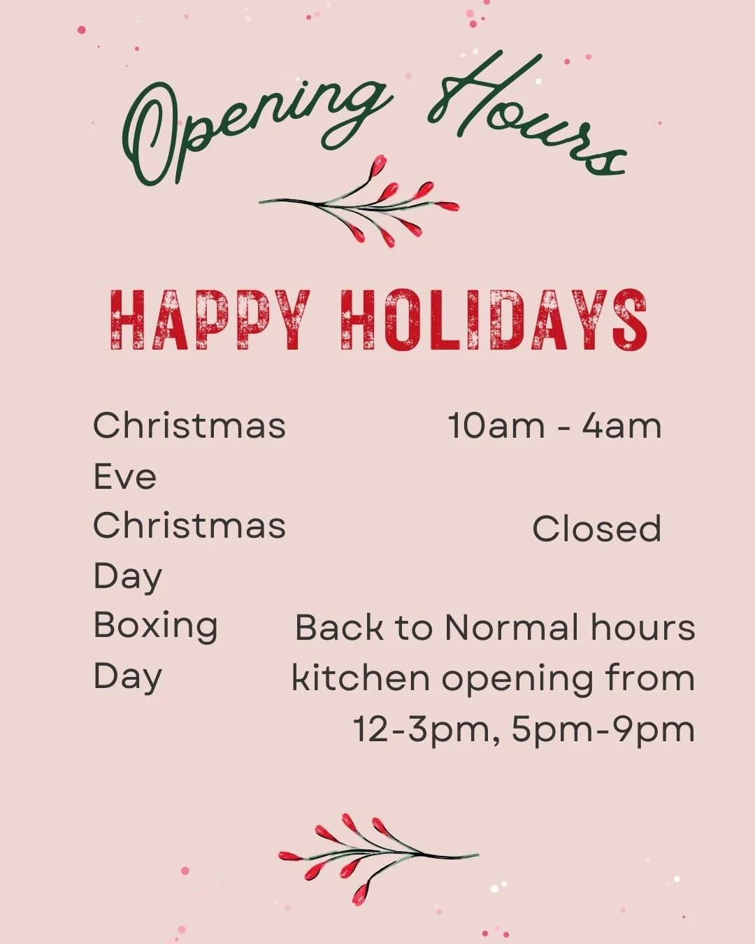 🎄✨ Holiday Opening Hours ✨🎄

Here&rsquo;s how we&rsquo;re trading over the Christmas break &mdash; make sure you&rsquo;re planning those festive catch-ups right 🍻

🎅 Christmas Eve: 10am &ndash; 4am
🎄 Christmas Day: Closed
🥂 Boxing Day: Back to 