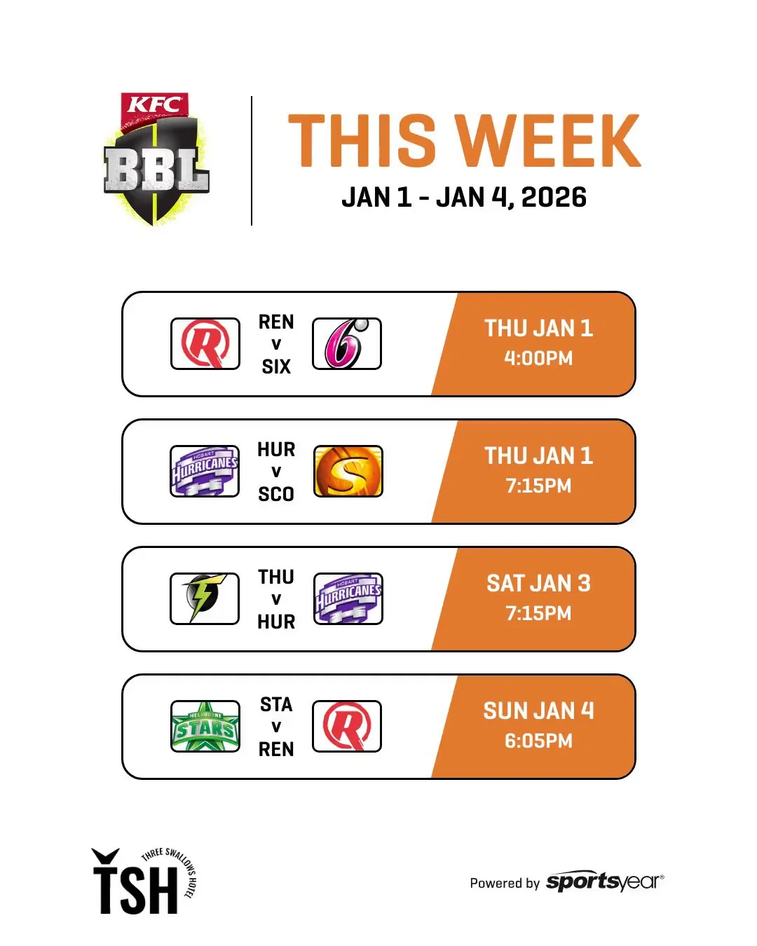 🏏🔥 BBL THIS WEEK &mdash; LIVE &amp; LOUD! 🔥🏏

The Big Bash action is coming in hot and we&rsquo;ve got every match up on the big screens! Grab your mates and settle in for a massive week of cricket 🍻

📅 Jan 1 &ndash; Jan 4
Here&rsquo;s what&rsq