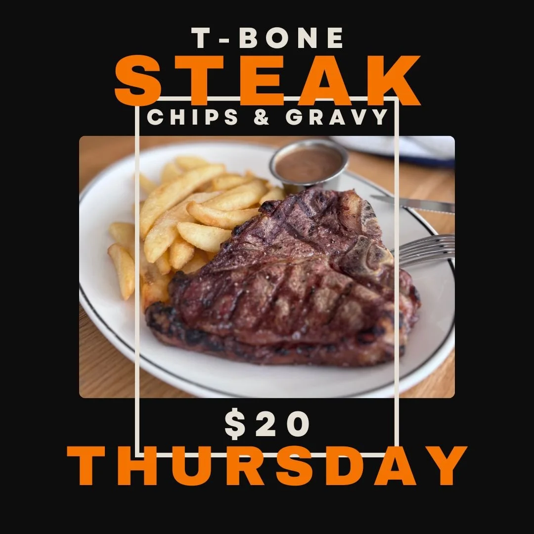 🥩🔥 $20 T-BONE THURSDAYS 🔥🥩
Perfectly cooked T-bone steak served with chips &amp; gravy &mdash; all for just $20.

Midweek steak sorted.
See you at Three Swallows Hotel 🍺😏