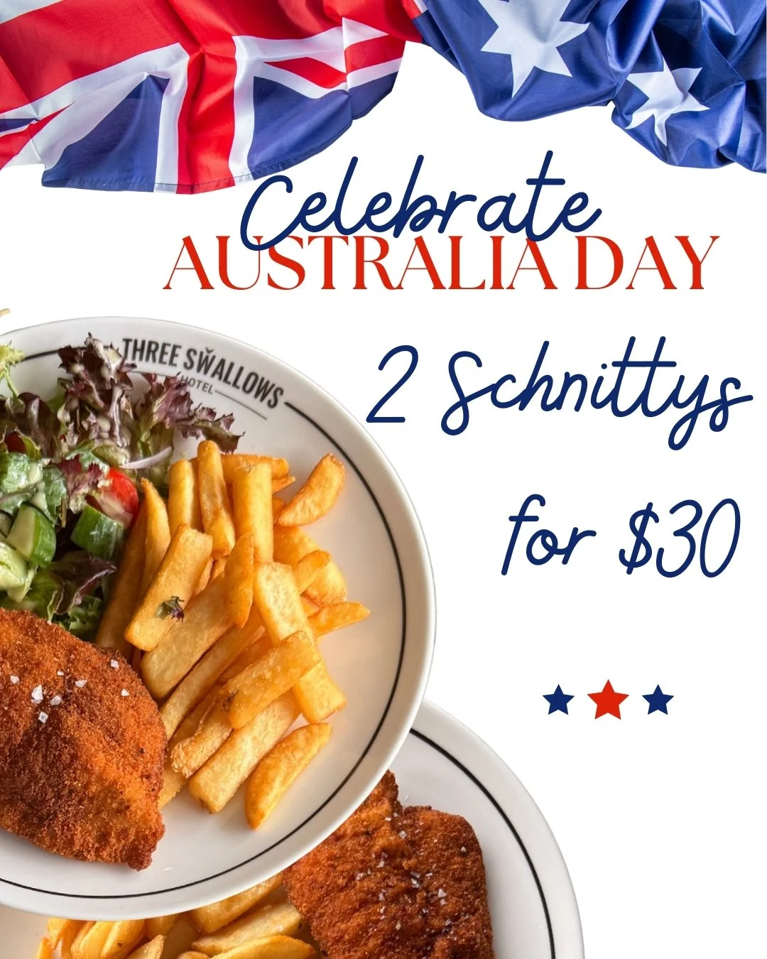 🇦🇺✨ CELEBRATE AUSTRALIA DAY AT THREE SWALLOWS ✨🇦🇺
Double up on a classic pub favourite 😏

🍽️ 2 Schnittys for just $30
Cold beers, good mates, and Aussie Day done right 🍺

Round up the crew and celebrate local 🇦🇺🔥