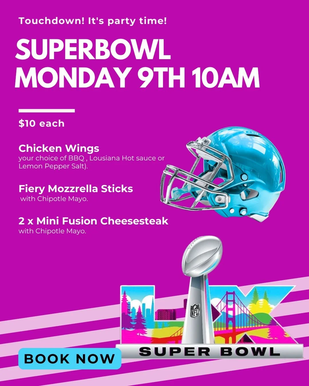 🏈🔥 SUPER BOWL MONDAY 🔥🏈
Touchdown! It&rsquo;s party time 🍻

📅 Monday 9th
⏰ From 10AM

🍗 Chicken wings
🧀 Fiery mozzarella sticks
🥪 Mini fusion cheesesteaks
💰 $10 each

Big screens, cold beers, and all the Super Bowl action.
Book now and don&