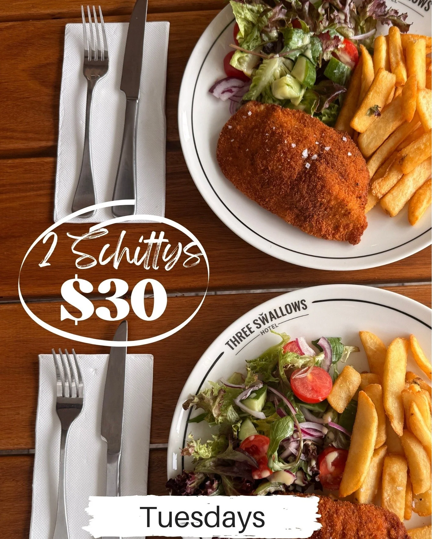 🍗🔥 SCHNITTY TUESDAYS 🔥🍗
Double the schnitty, double the value 😏

🍽️ 2 Schnittys for just $30
Crispy, golden, and served with chips &amp; salad.

Grab a mate and make Tuesday a pub night at Three Swallows Hotel 🍺👊
