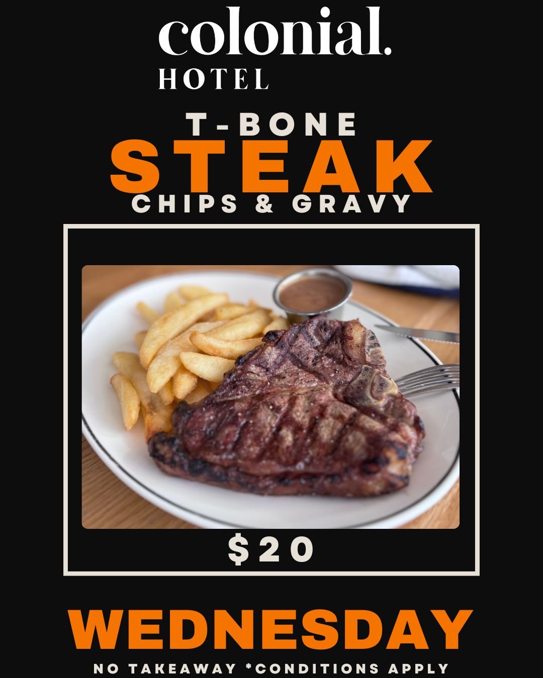 🥩🔥 $20 T-BONE THURSDAYS 🔥🥩
Perfectly cooked T-bone steak served with chips &amp; gravy &mdash; all for just $20.

Midweek steak sorted.
See you at Three Swallows Hotel 🍺😏