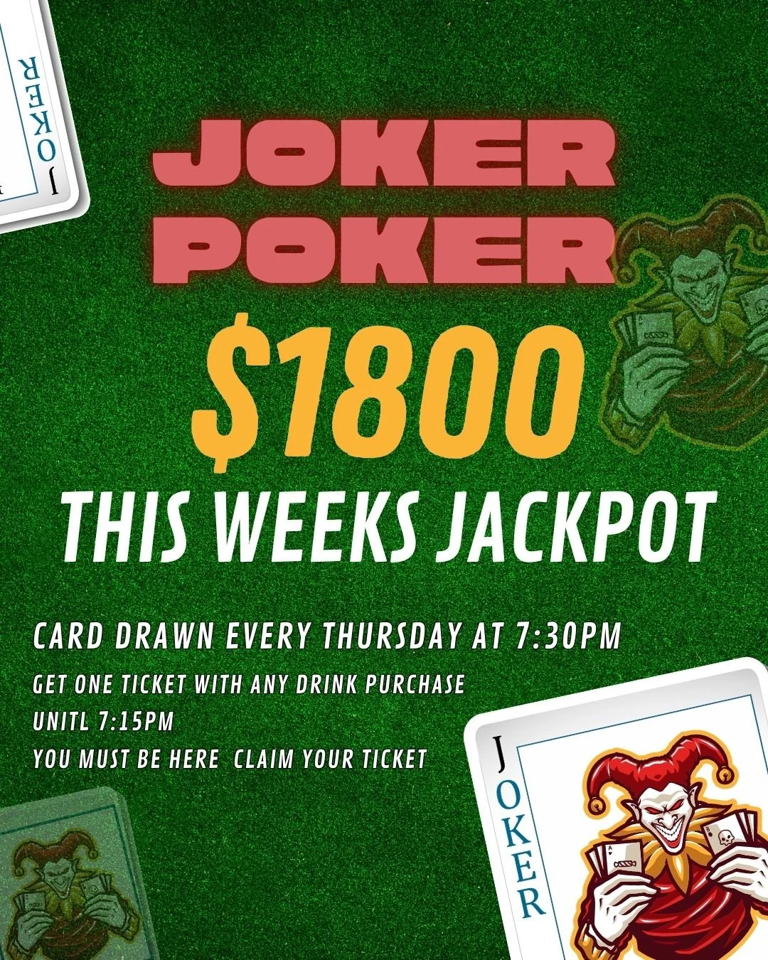 🃏 JOKER POKER IS BACK! 🃏
$1,800 JACKPOT up for grabs THIS WEEK!

Buy any drink before 7:15pm, grab your ticket and be here for the 7:30pm draw.
🎟️ You MUST be here to claim it!

Tag your poker crew and don&rsquo;t miss out 💥