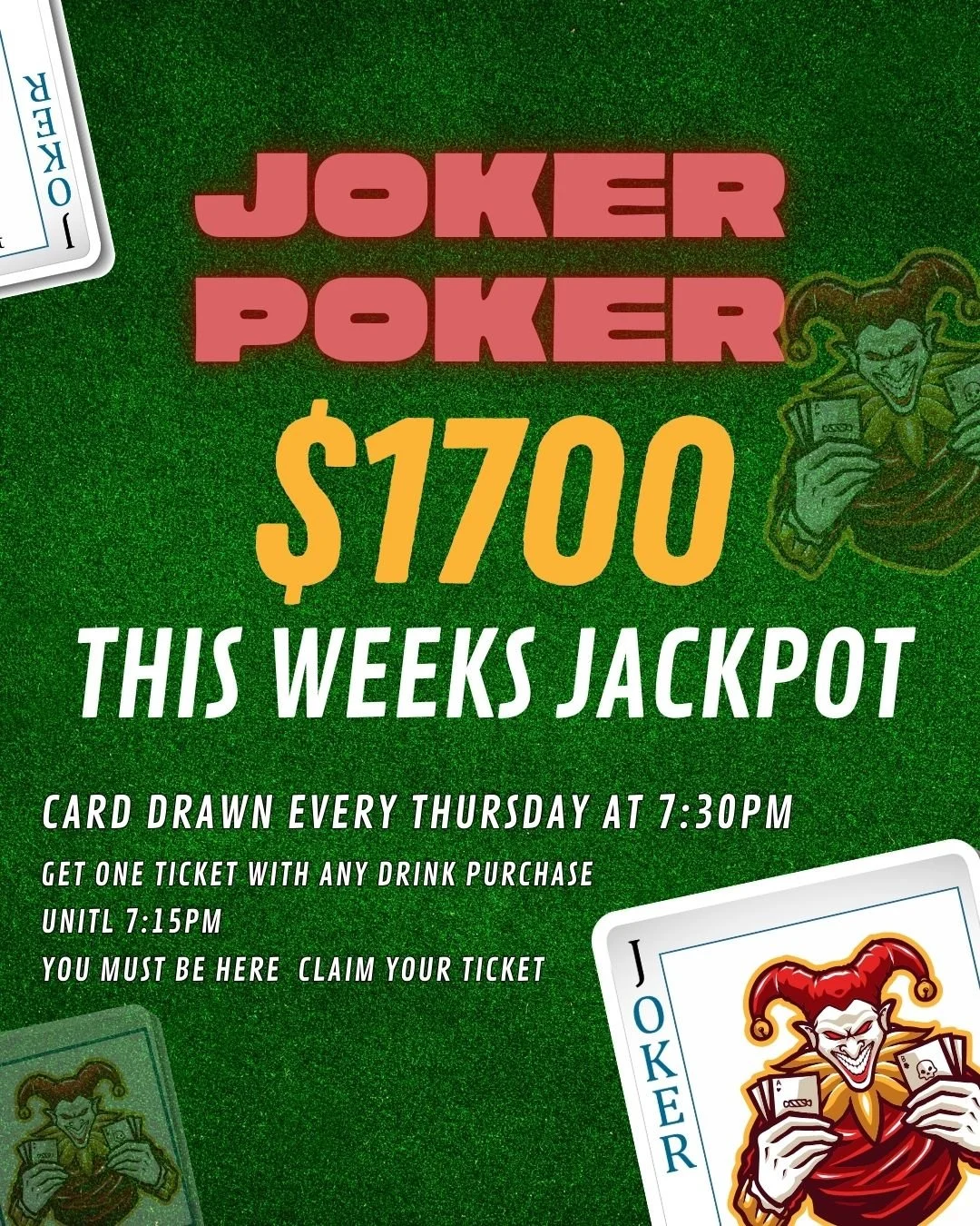 🃏💸 $1,700 JOKER POKER 💸🃏
Will THIS Thursday be the lucky one?

🎟️ 1 ticket with any drink
⏰ Drawn 7:30PM (entries close 7:15PM)
📍 You MUST be here to win

👇 Comment JOKER if you&rsquo;re in