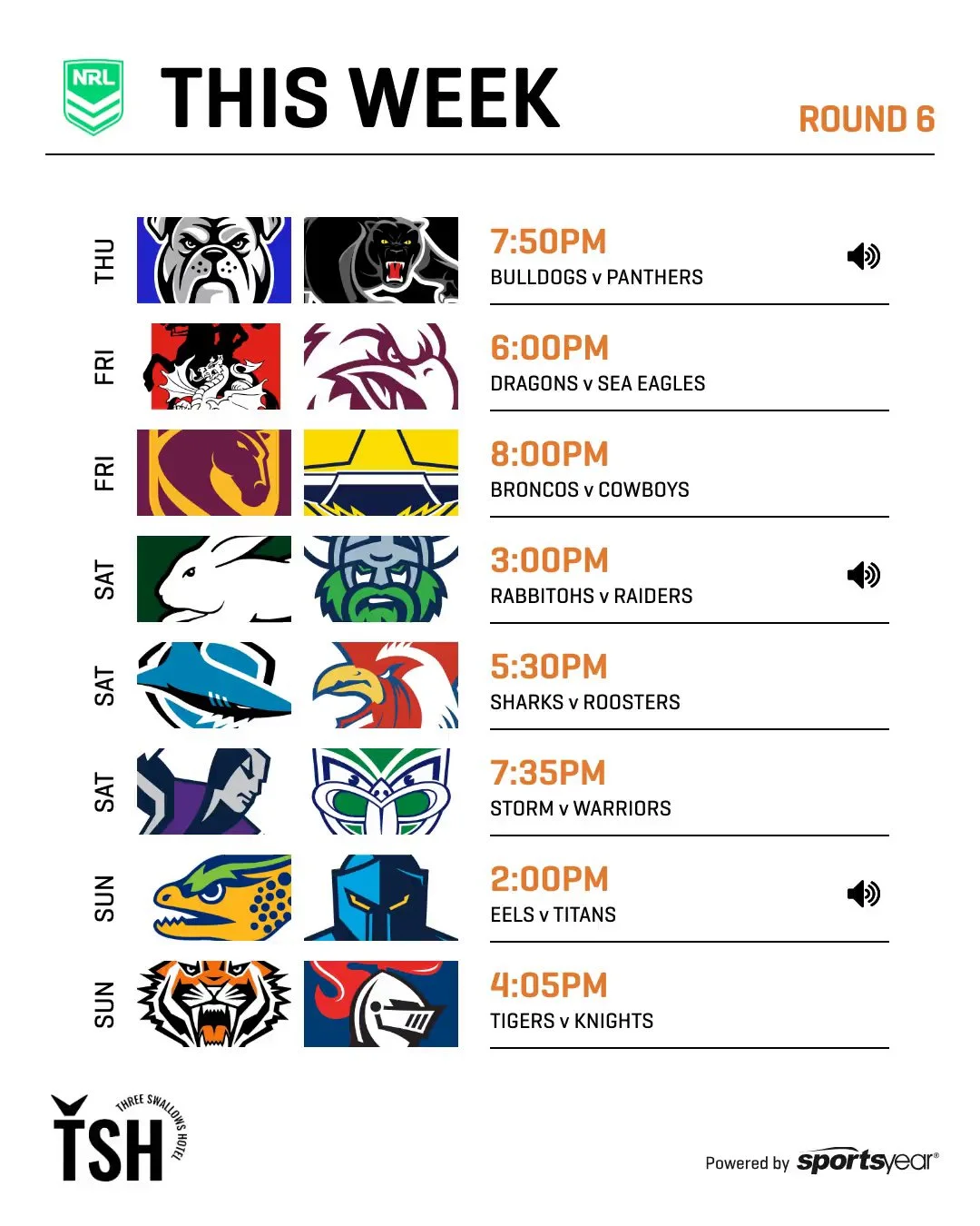 🏉🔥 NRL ROUND 6 &ndash; LIVE &amp; LOUD 🔥🏉

Footy all week at Three Swallows 👇

Big games, big screens, and even bigger vibes 🍻

🍺 Cold beers pouring
📺 Every game live
🔊 Full volume atmosphere

From Thursday night through to Sunday &mdash; lo